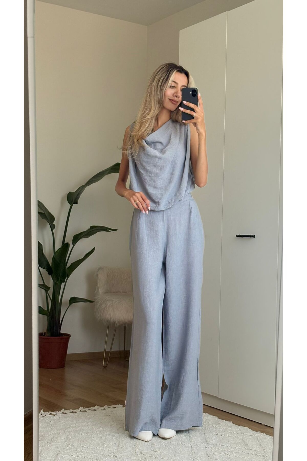 MODA Draje Yaka Kolsuz Bluz Pantolon Gri Takım