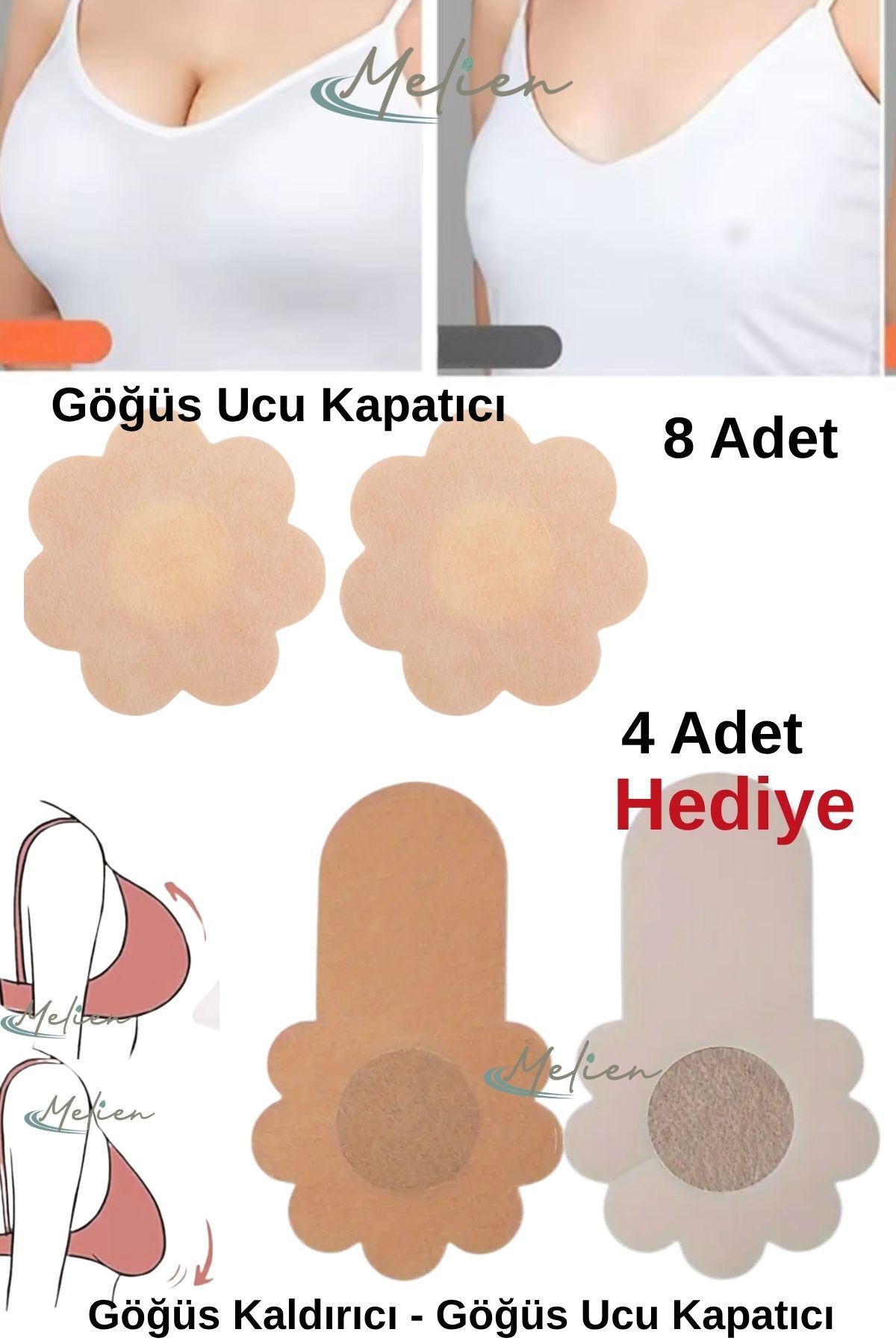 Melien 8’li Göğüs Meme Ucu Kapatıcı + 4’lü Push-Up Göğüs Kaldırıcı Koruyucu Sütyensiz Ped Bez Bant Seti