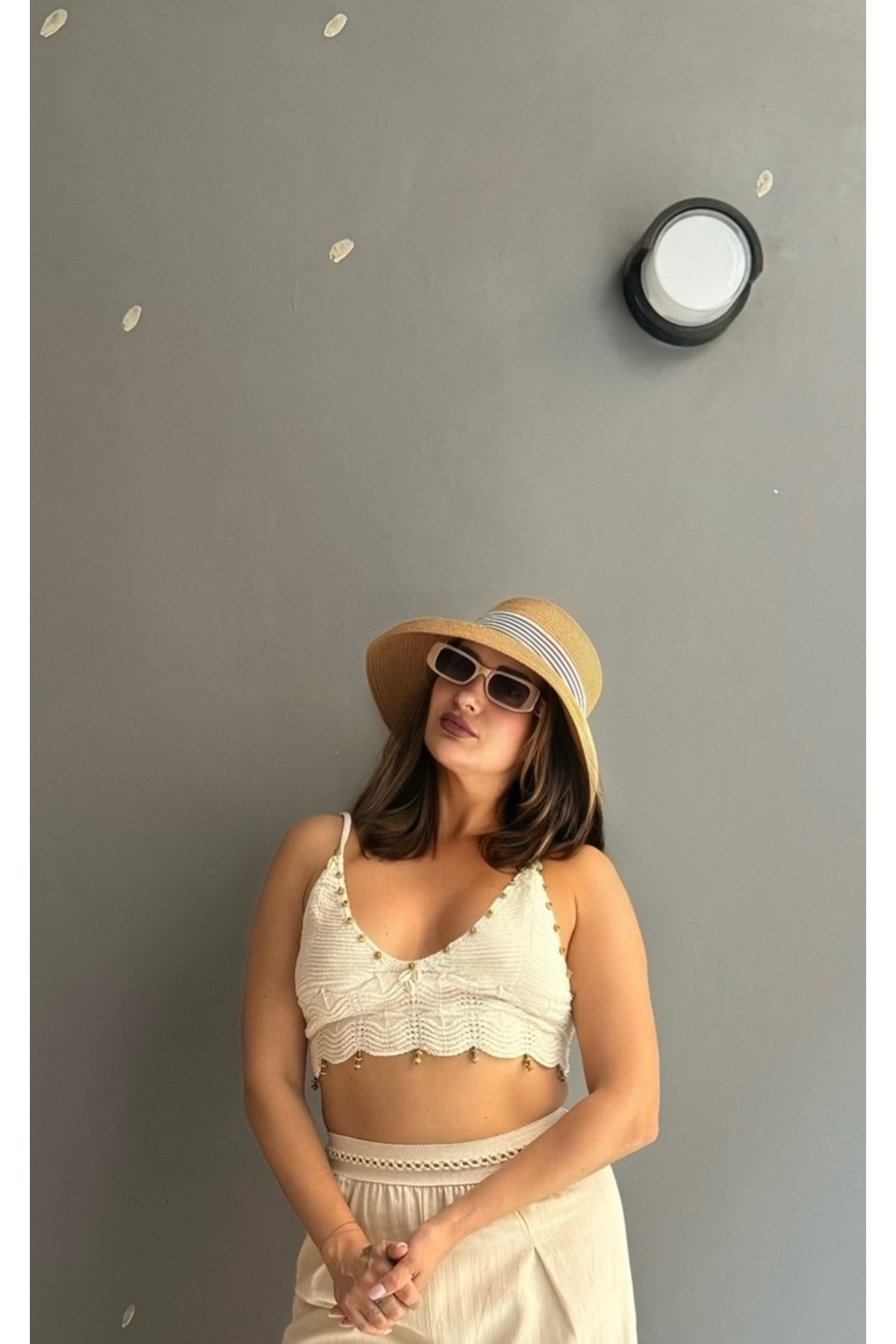 Butik Askılı örme crop bluz