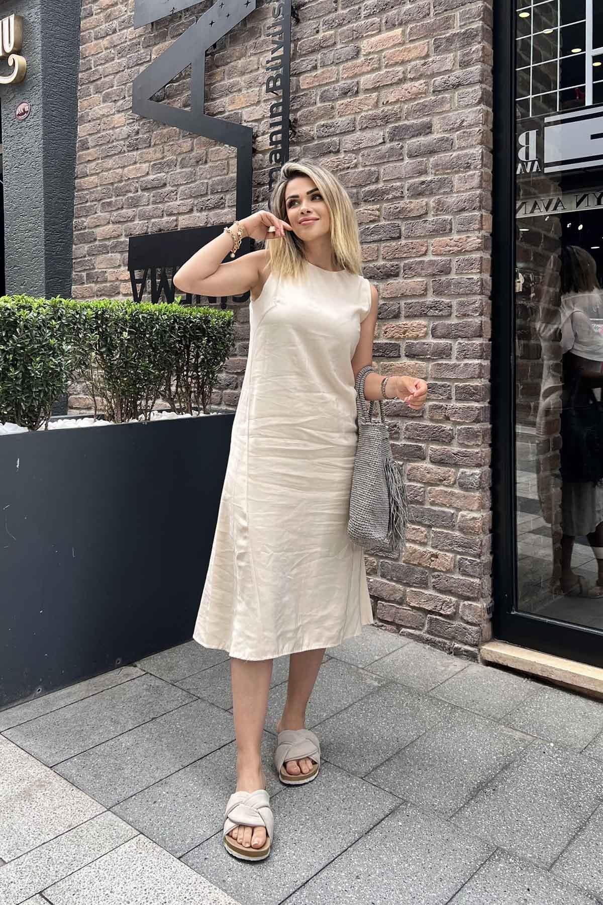 Eswomes Dikiş Detay Midi Boy Elbise Krem