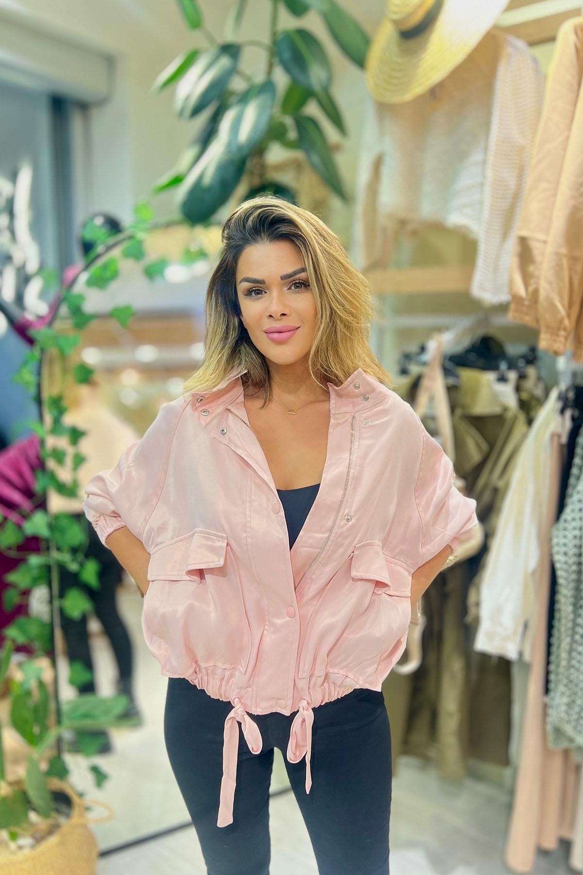 Eswomes Hafif Parlak Alt Büzgülü Ceket Toz Pembe