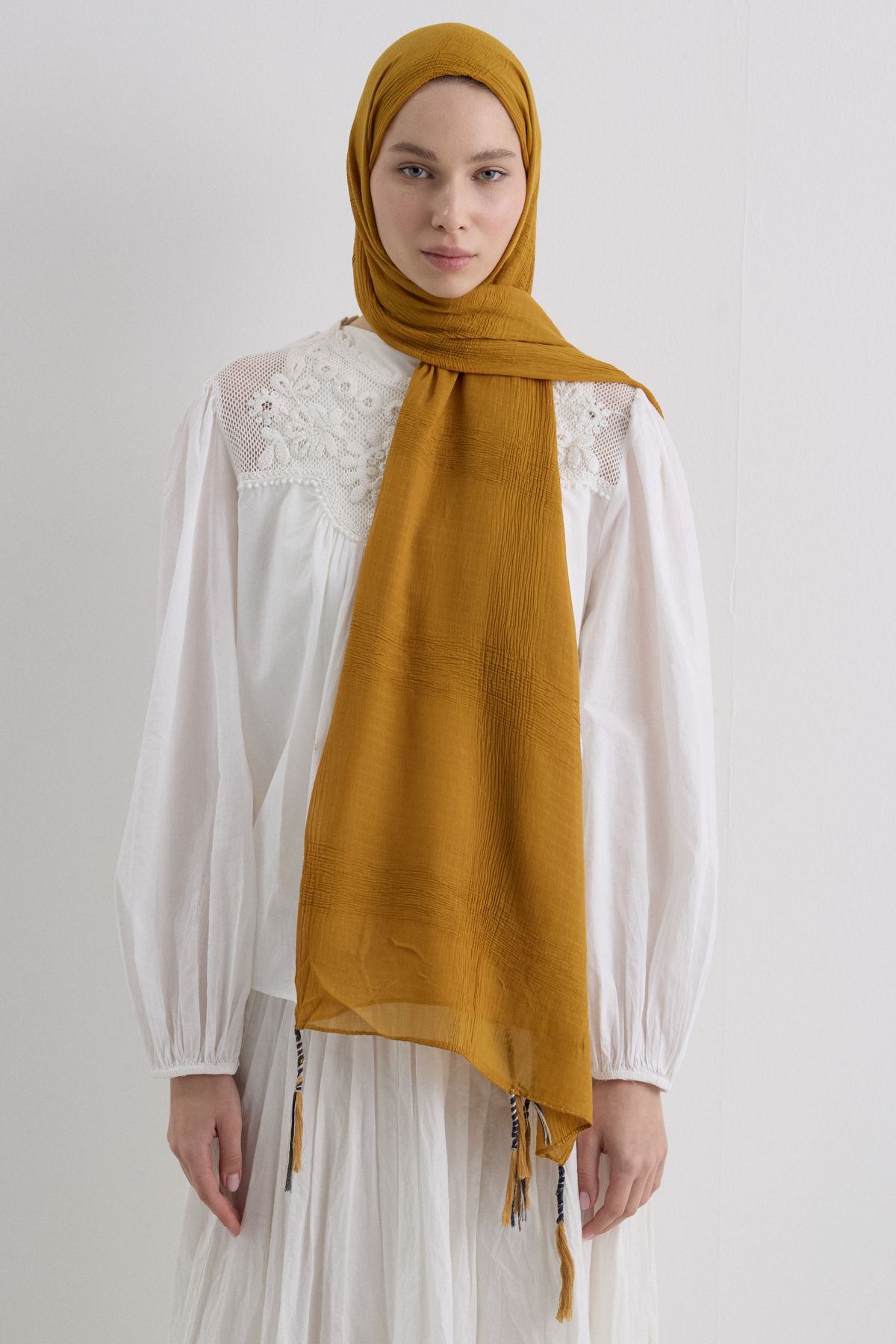 FENZA SCARF Püsküllü %50 Pamuk Brice Şal - Hardal