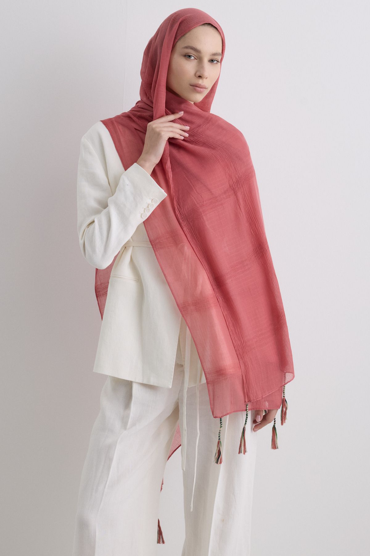 FENZA SCARF Püsküllü %50 Pamuk Brice Şal - Yavruağzı