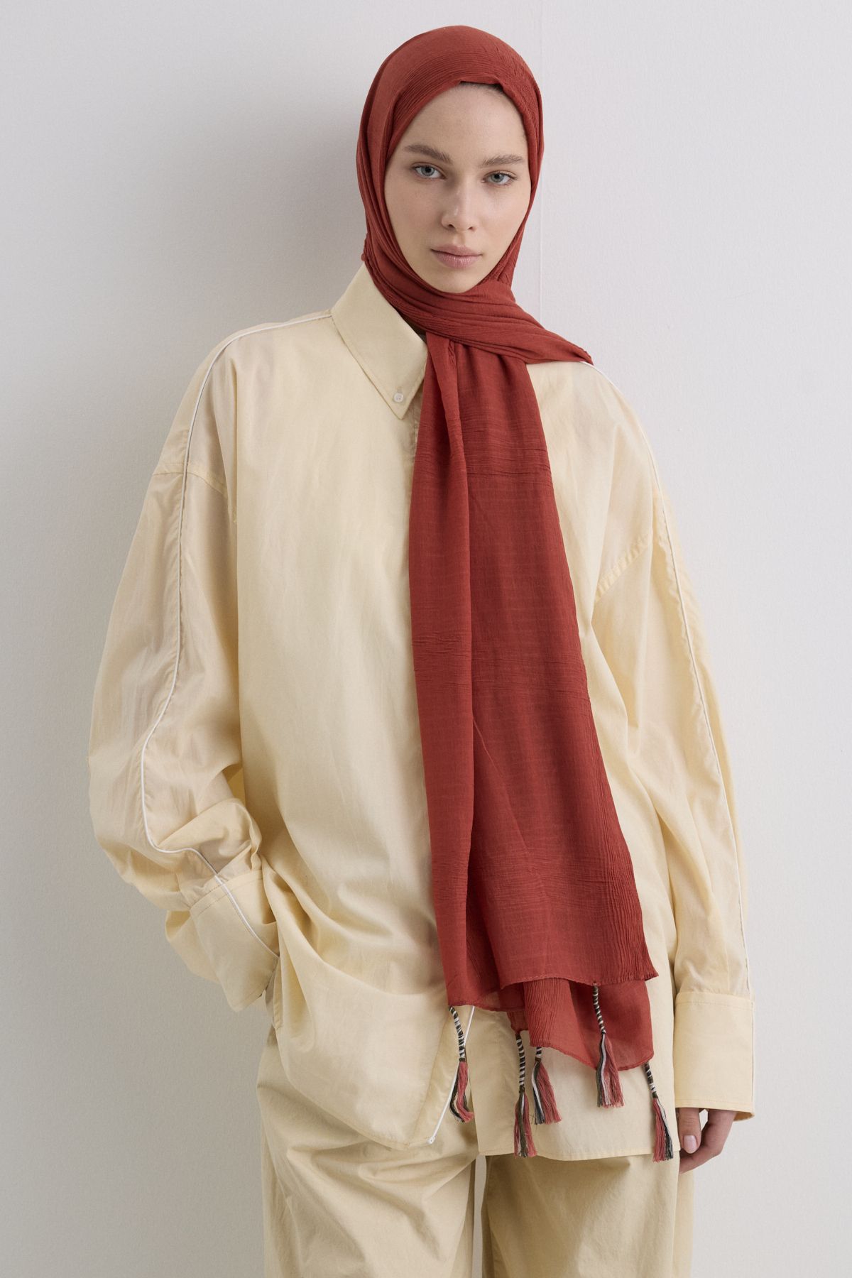 FENZA SCARF Püsküllü %50 Pamuk Brice Şal - Kiremit