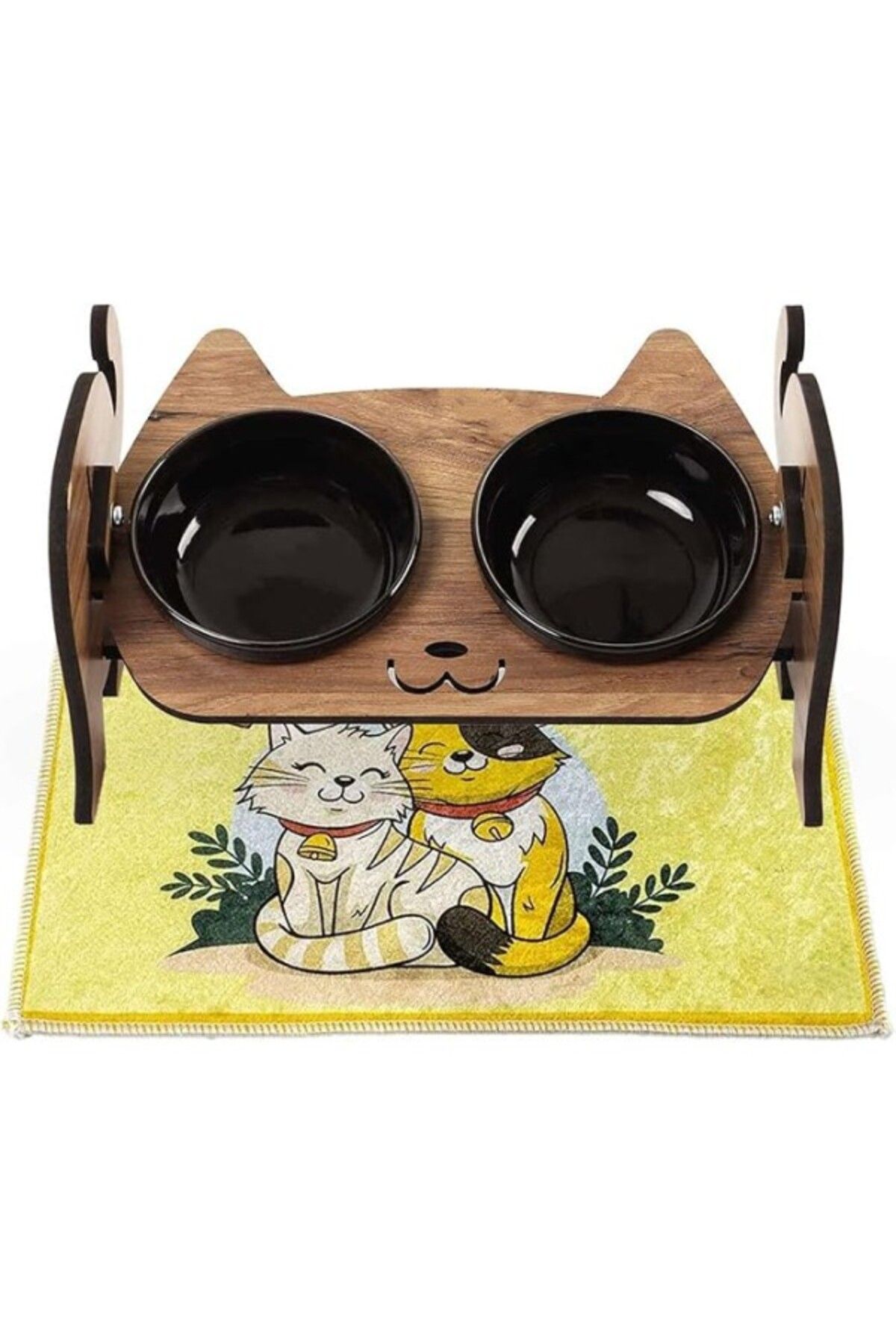 ShopZum Gobypet Always The Best Ahşap Kedi Mama Ve Su Kabı Ile Kedi Köpek Paspası - Demonte Kedi Mama Su