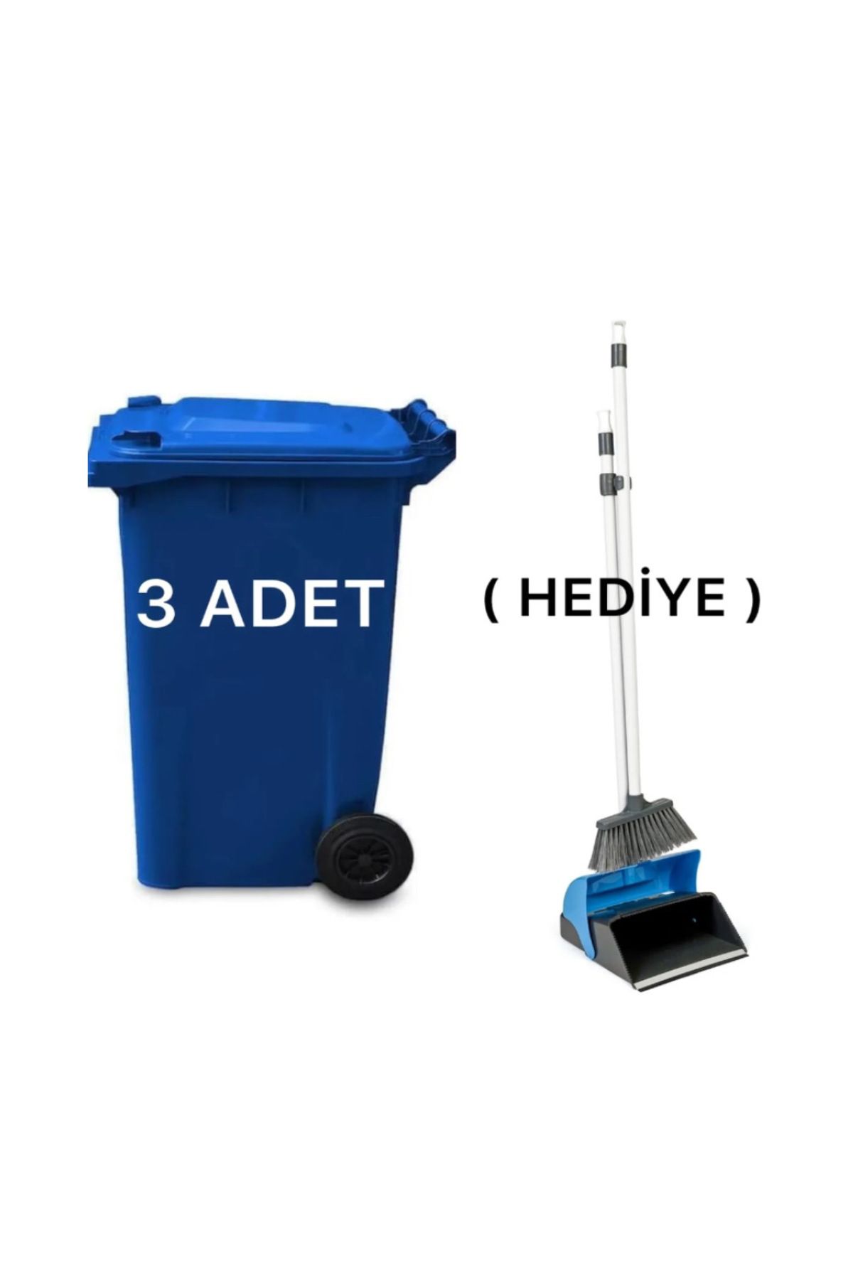 ELCY 3 Adet Mavi Plastik Çöp Konteyneri 240 LT Isıya Karşı Dayanıklı Faraş Hediyeli