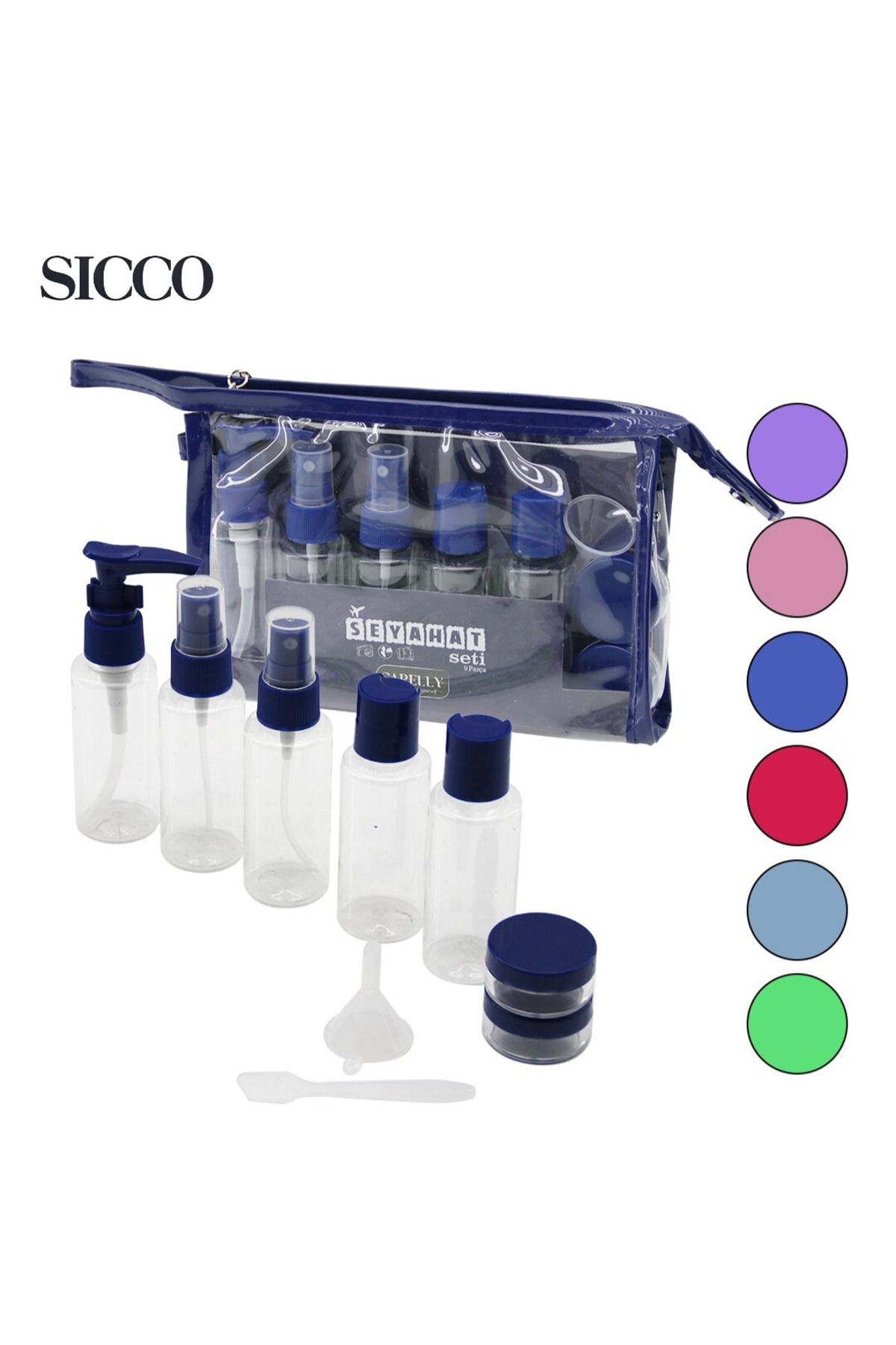 SİCCO - 9 Parça Seyahat Tipi Şişe Kutu Seti Taşıma Çantalı Seyahat Kozmetik Dolum Seti Krem Spatula