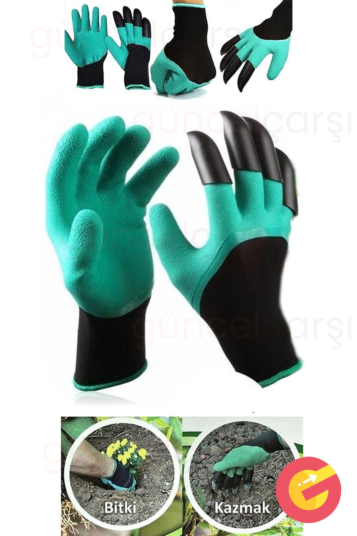 GüncelÇarşı 1 Çift Toprak Kazma Ekme Çapalama İçin Korumalı Tırmıklı Pençeli Bahçe Bahçıvan Eldiveni