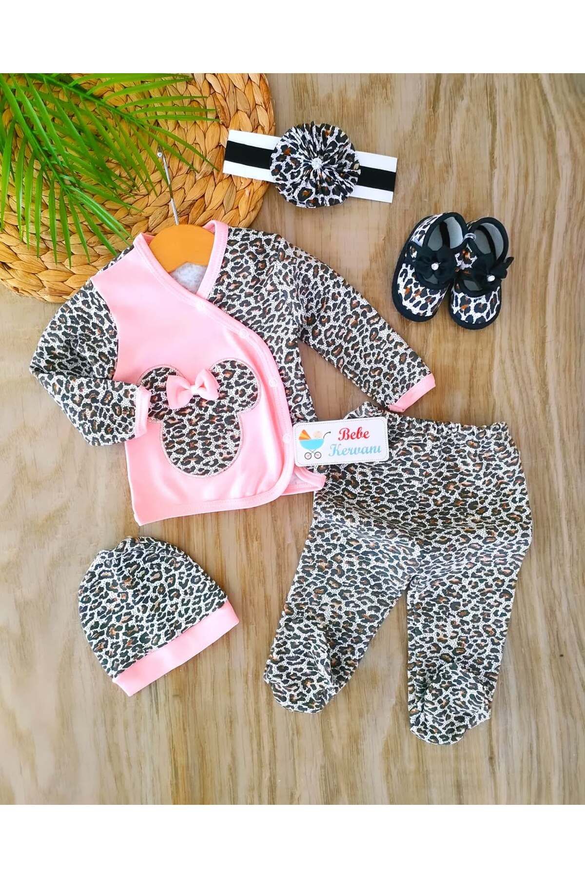 bebe kervanı Kız Bebek %100 Pamuklu Leoparlı Yenidoğan Hastane Çıkışı Zıbın Takımı Ayakkabılı
