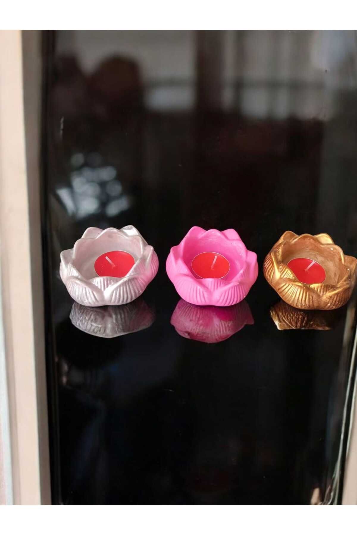 AYŞEM 3lü Lotus Alçı Dekoratif Mumluk,Gri,Pembe Gold Mumluk Set,Hediyelik Set,Düğün Nişan Söz Hediyesi