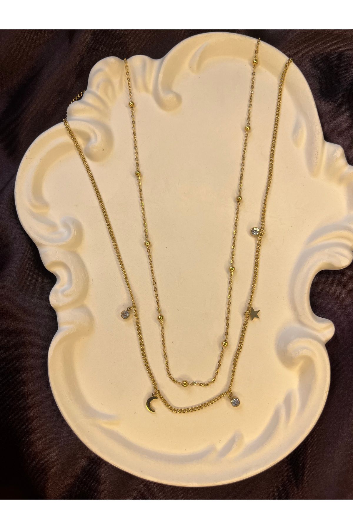 HNG JEWELRY GOLD REN ÇELİK İKİLİ TAŞLI GECE KOLYE