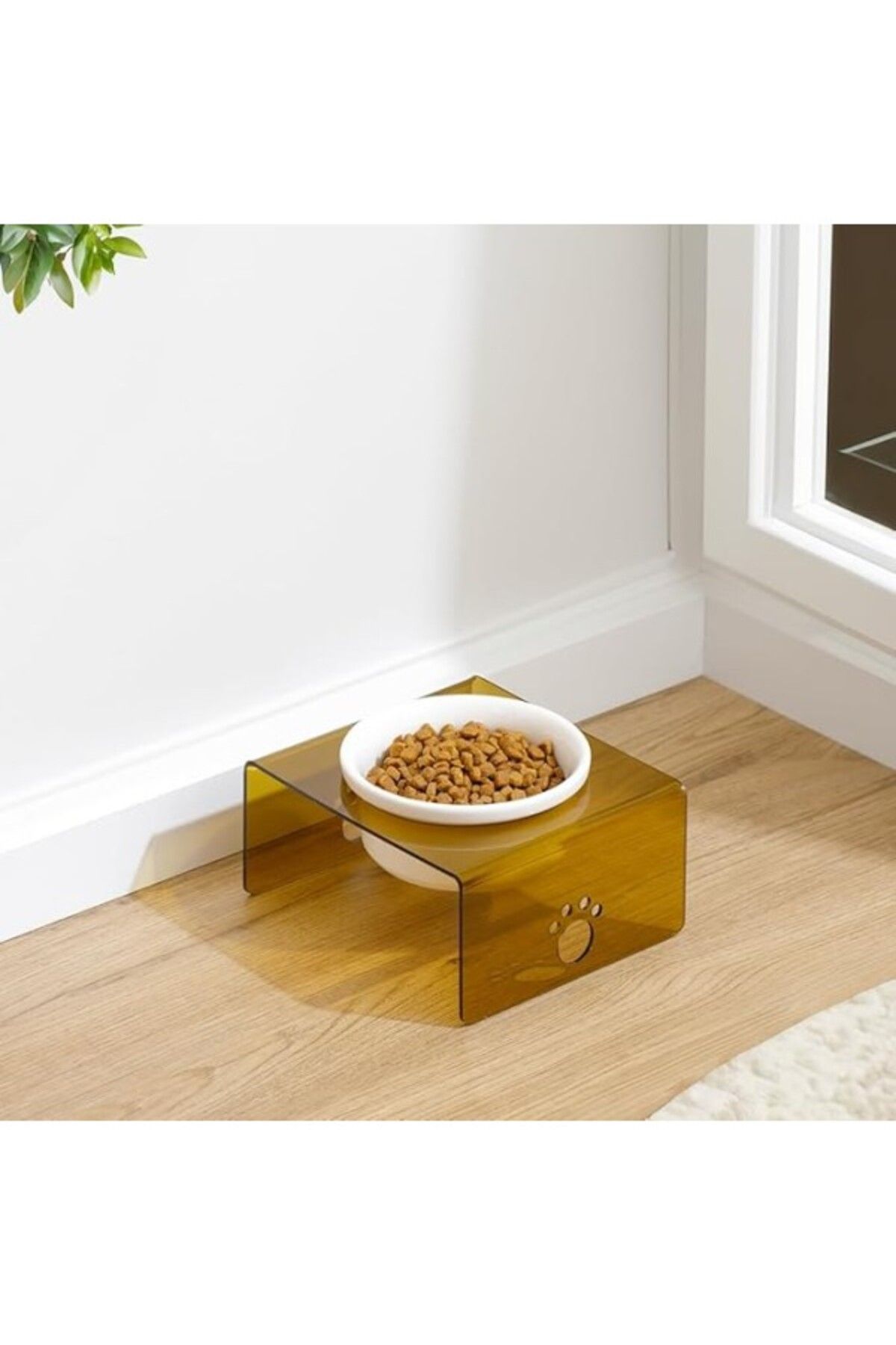 ShopZum Herniks Pati Desenli Şeffaf Pleksi Ve Seramik Tekli Mama Kabı Çeşitleri 17x15 Cm (KAHVERENGİ)