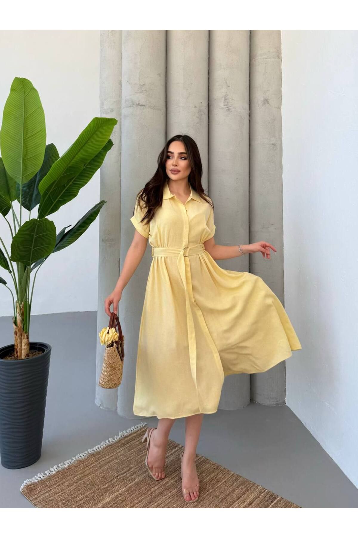 moda paketi Keten Midi Boy Kemerli Elbise