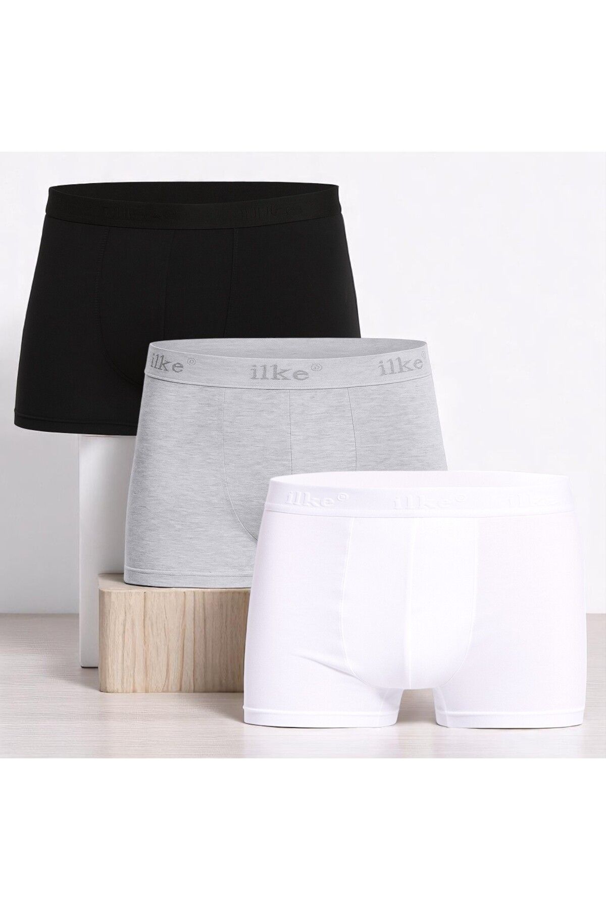 QKK Erkek Pamuklu Likralı Siyah-Gri-Beyaz 3'lü Boxer