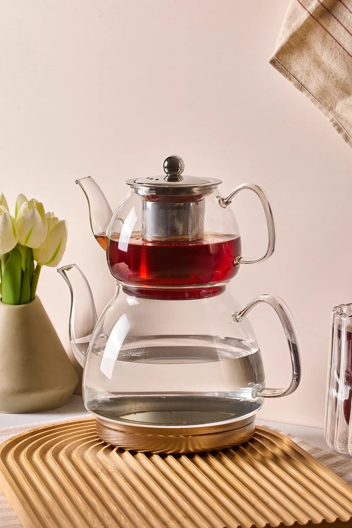elsmor İndüksiyon Tabanlı Borosilikat Cam Demlik Çaydanlık Kaliteli Sağlam 500 - 1800 ml Şeffaf Çaydanlık