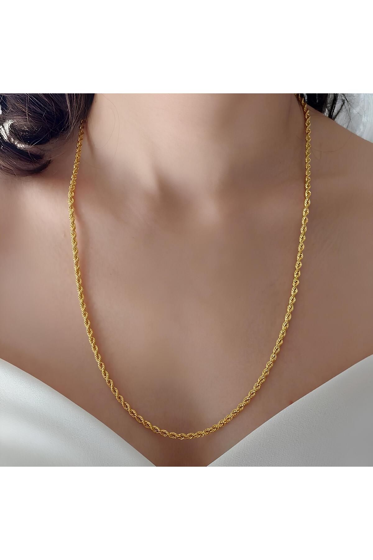 Desodes Altın Renk Unisex 60 cm Kararmaz Paslanmaz Antialerjik 3 mm Burgu Çelik Kolye Modeli