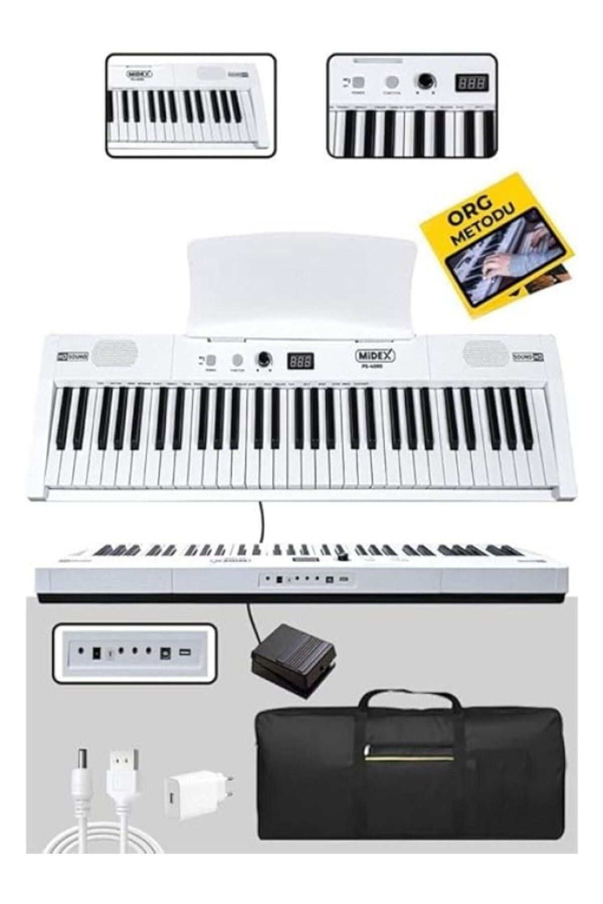 ShopZum Midex Ps4000Wh Tuş Hassasiyetli 61 Tuşlu Org Bluetooth Usb Midi Metod (Sustain Pedalı Çanta)