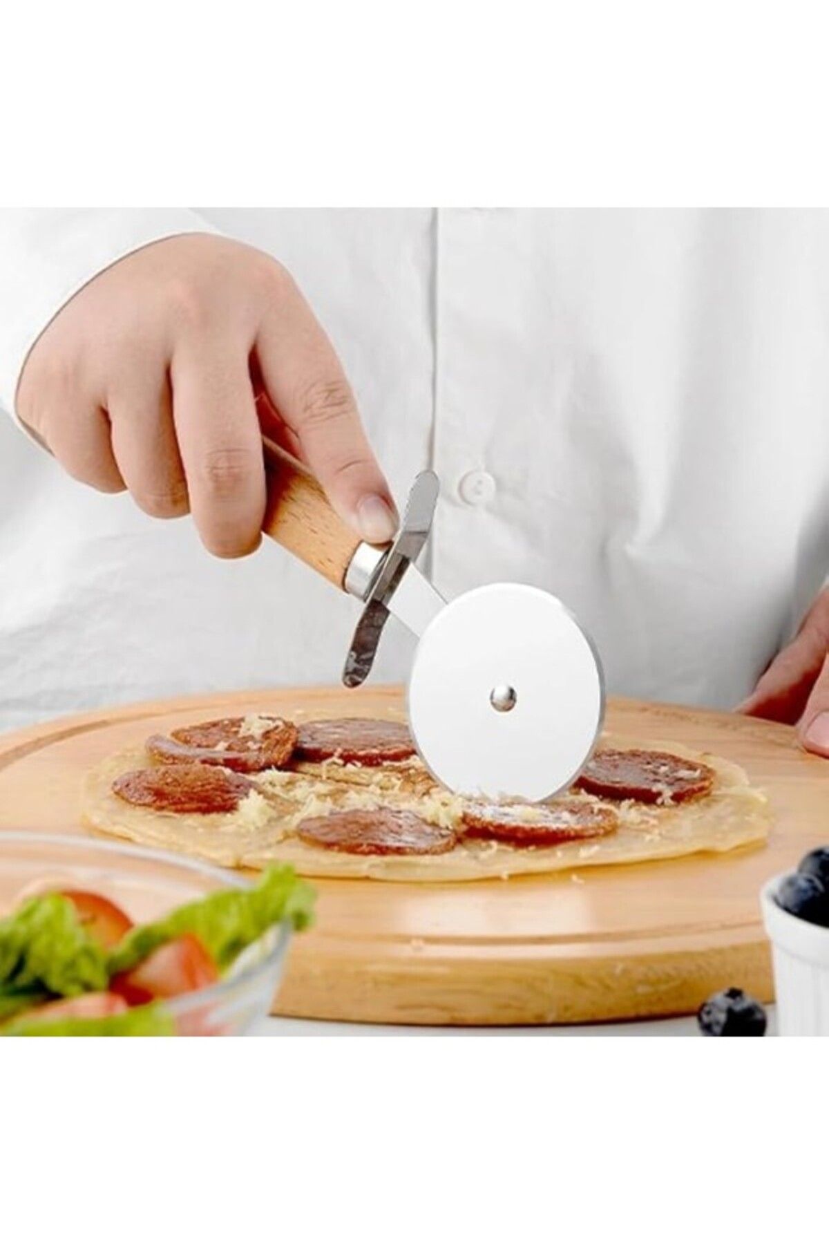 ShopZum Deconox Paslanmaz Çelik Ahşap Saplı Pizza Dilimleyici, Yuvarlak Pizza Kesici Bıçak, Hamur Ve Waffle