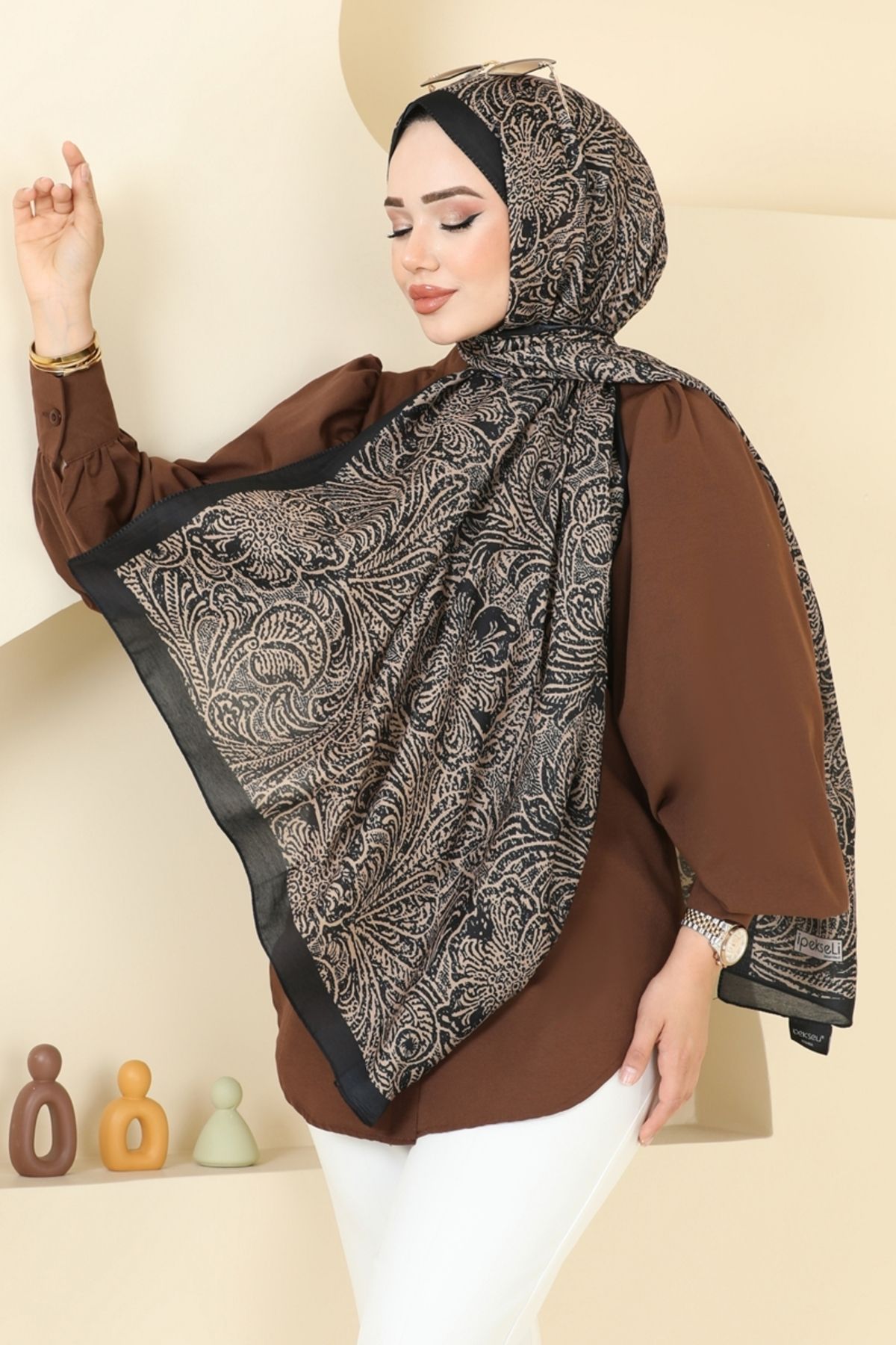 Modaselvim Desenli Soft Şal Serisi 146IPK758 Latte&Siyah