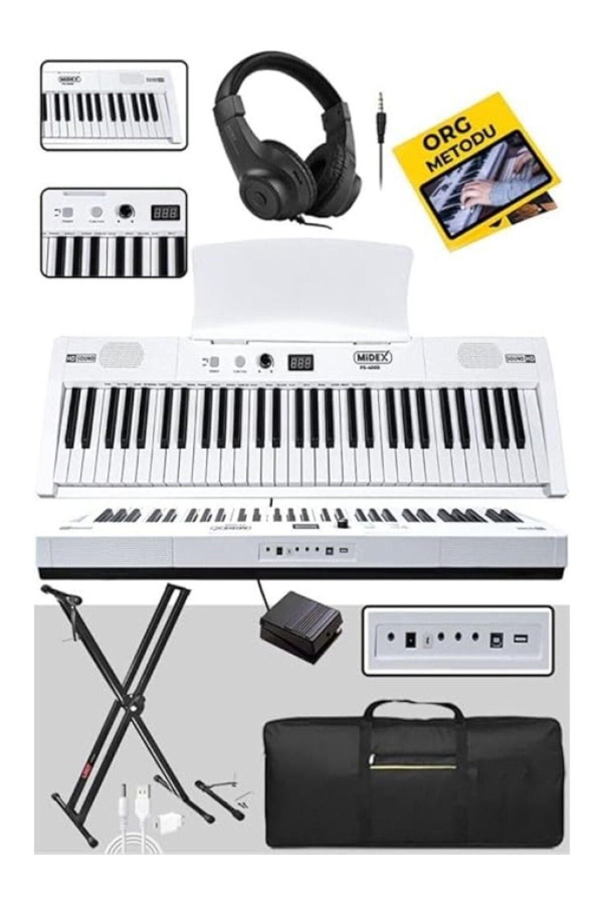 ShopZum Midex Ps4000Wh-Set Tuş Hassasiyetli 61 Tuşlu Org Bluetooth Usb Midi (Sustain Pedalı Çanta Kulaklık