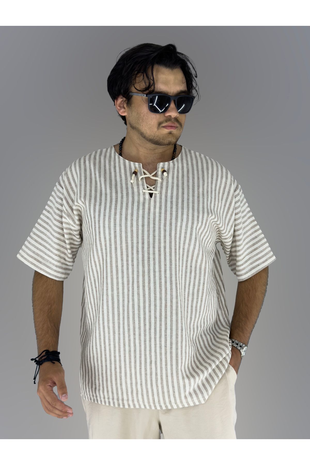 MARESHAL Pamuk Keten Armut Yaka Bağcık Detaylı T-shirt (KAHVE)