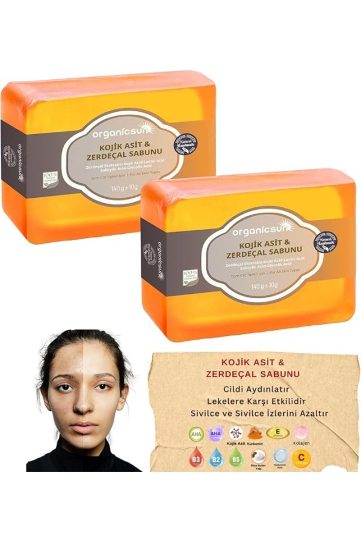 ShopZum Organicsun Kojik Asit &amp; Zerdeçal Sabunu 2 Adet X 140 gr Leke Ve Karşıtı Kojic Acid - Ko