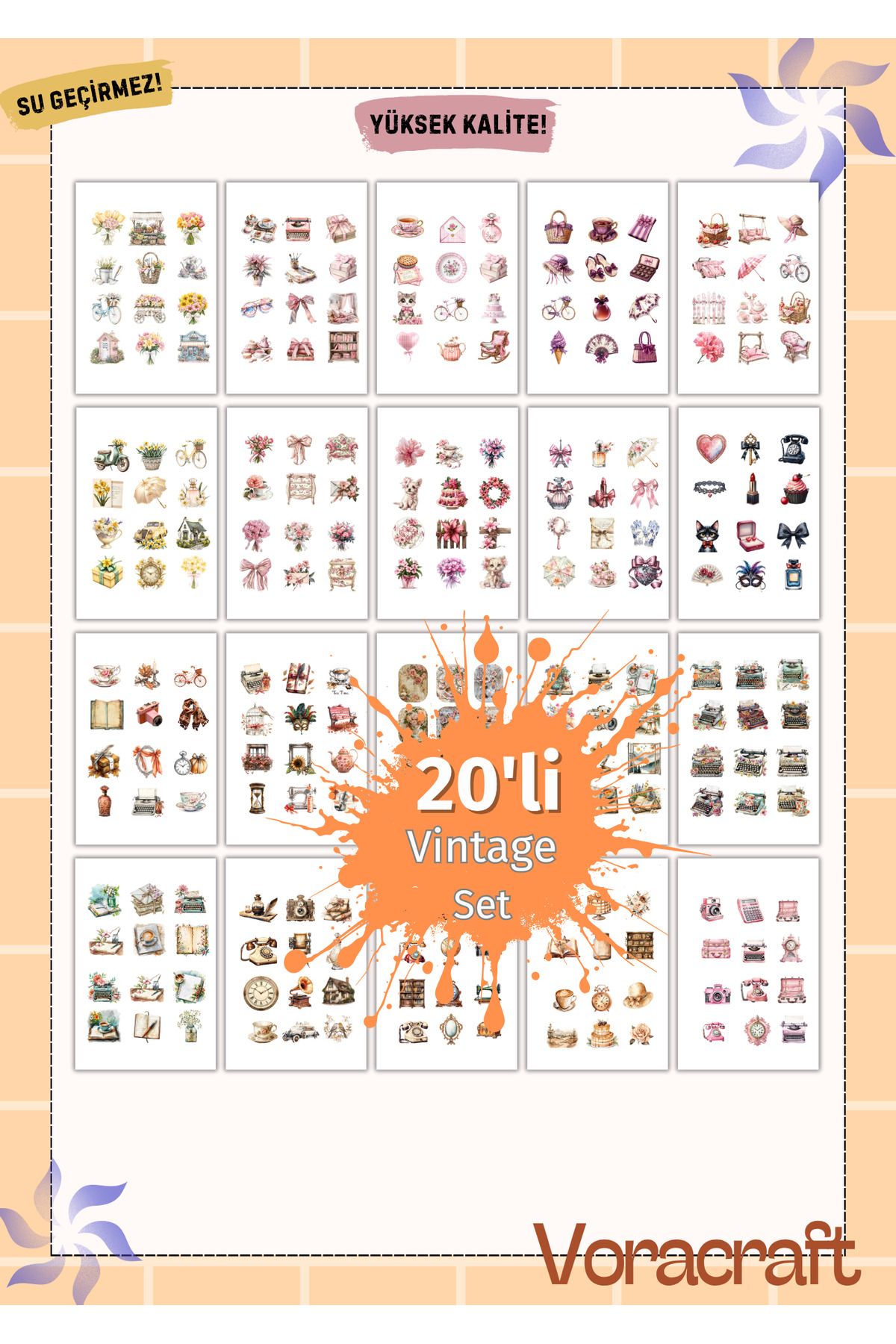 VORACRAFT 20'li Vintage Sticker Ajanda Bullet Laptop Journal Yİ001