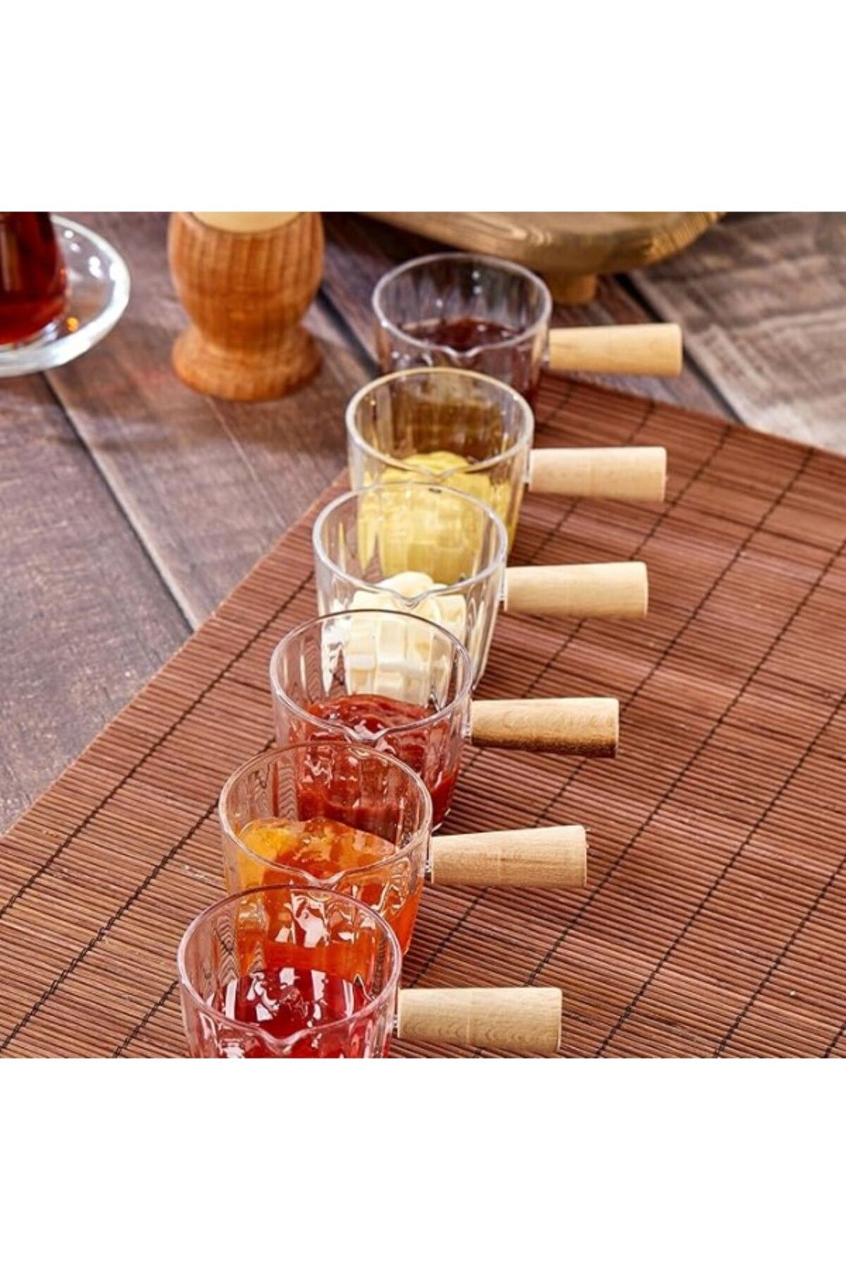 ShopZum 4&Apos;Lü Ahşap Saplı Mika Reçellik Sosluk Sofra Sunum Kahvaltı Seti - Ahşap Saplı Sunumluk 80 Ml
