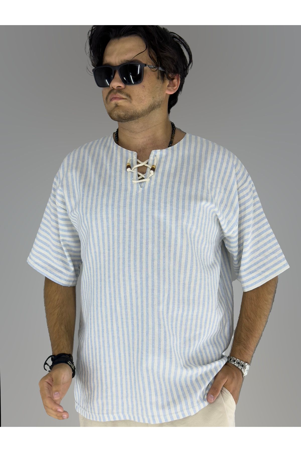 MARESHAL Pamuk Keten Armut Yaka Bağcık Detaylı T-shirt (MAVİ)
