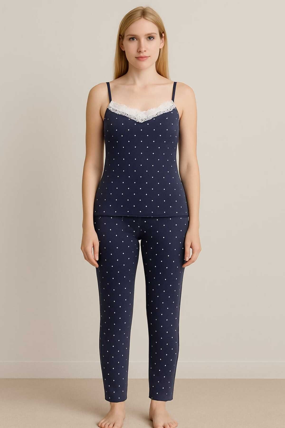 unbranded Lacivert Puantiyeli Dantel Detaylı Askılı Uzun Pijama Takımı