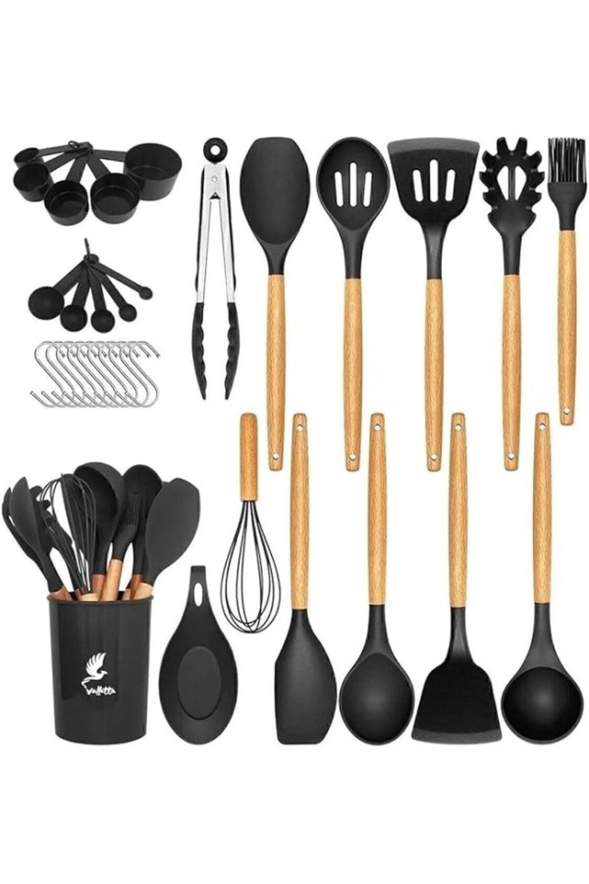 ShopZum Valletta Mikla Isıya Dayanıklı Yanmaz Yapışmaz 33 Parça Silikon Spatula Mutfak Seti Siyah