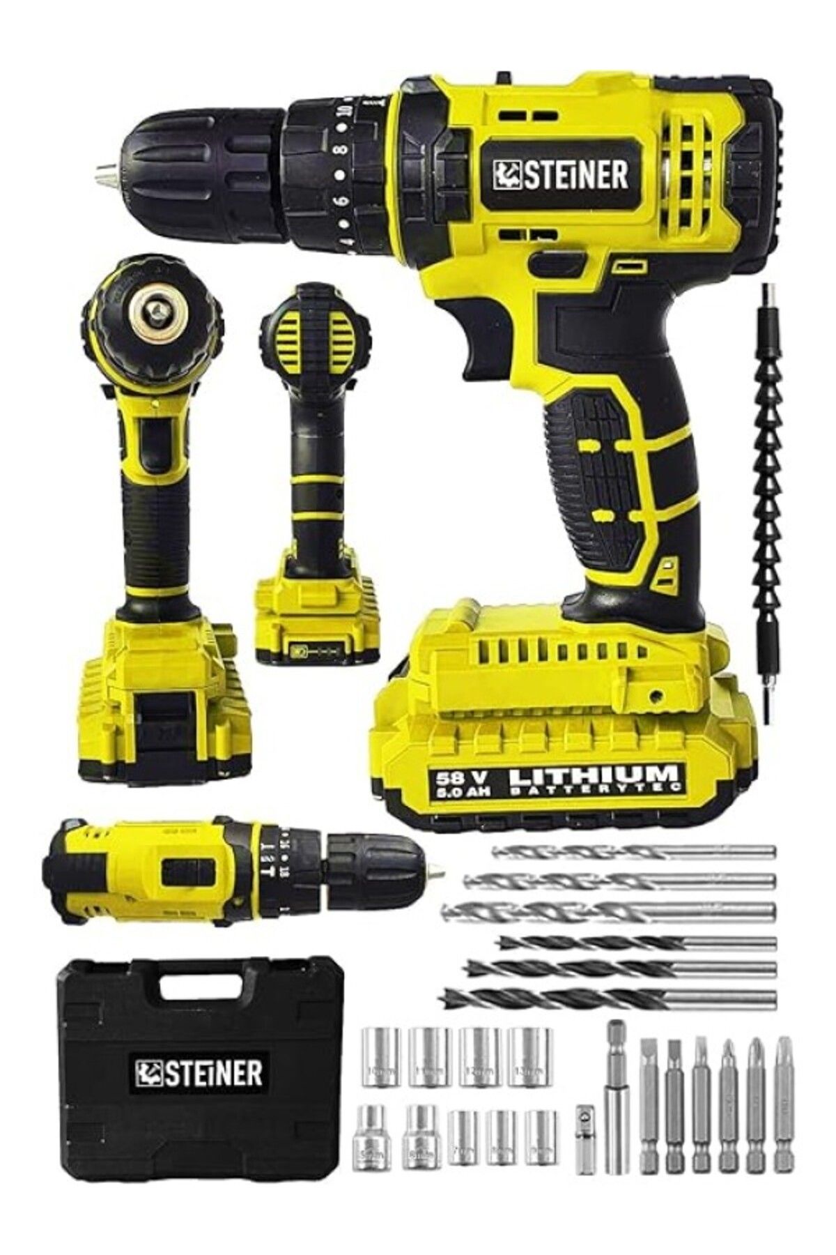 ShopZum Steiner Alman 58 V 5 Ah Darbeli Lityum Çift Akülü Sjs Metal Şanzıman Şarjlı Vidalama Matkap 24 Pcs