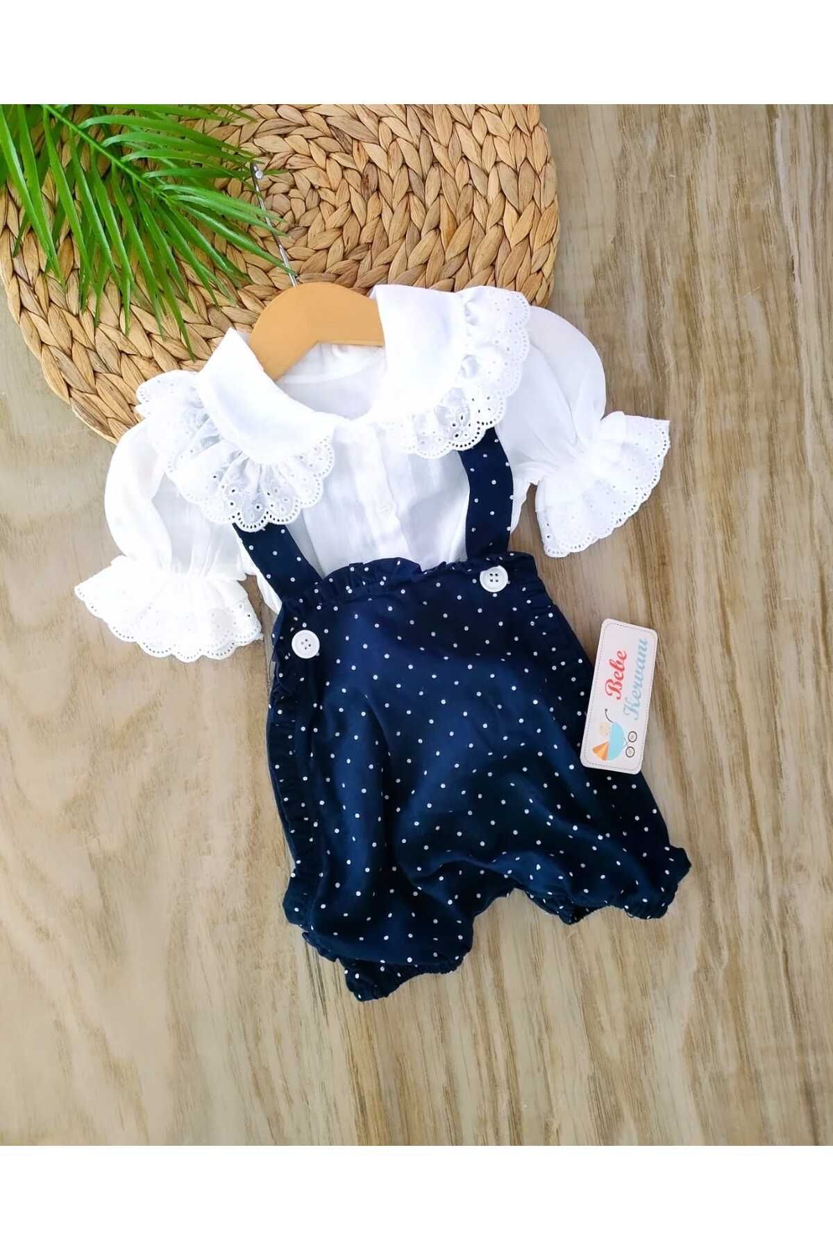 bebe kervanı Kız Bebek%100 Pamuklu Lacivert Müslin Gömlekli Yazlık Slopetli Tulum Seti BBK1181