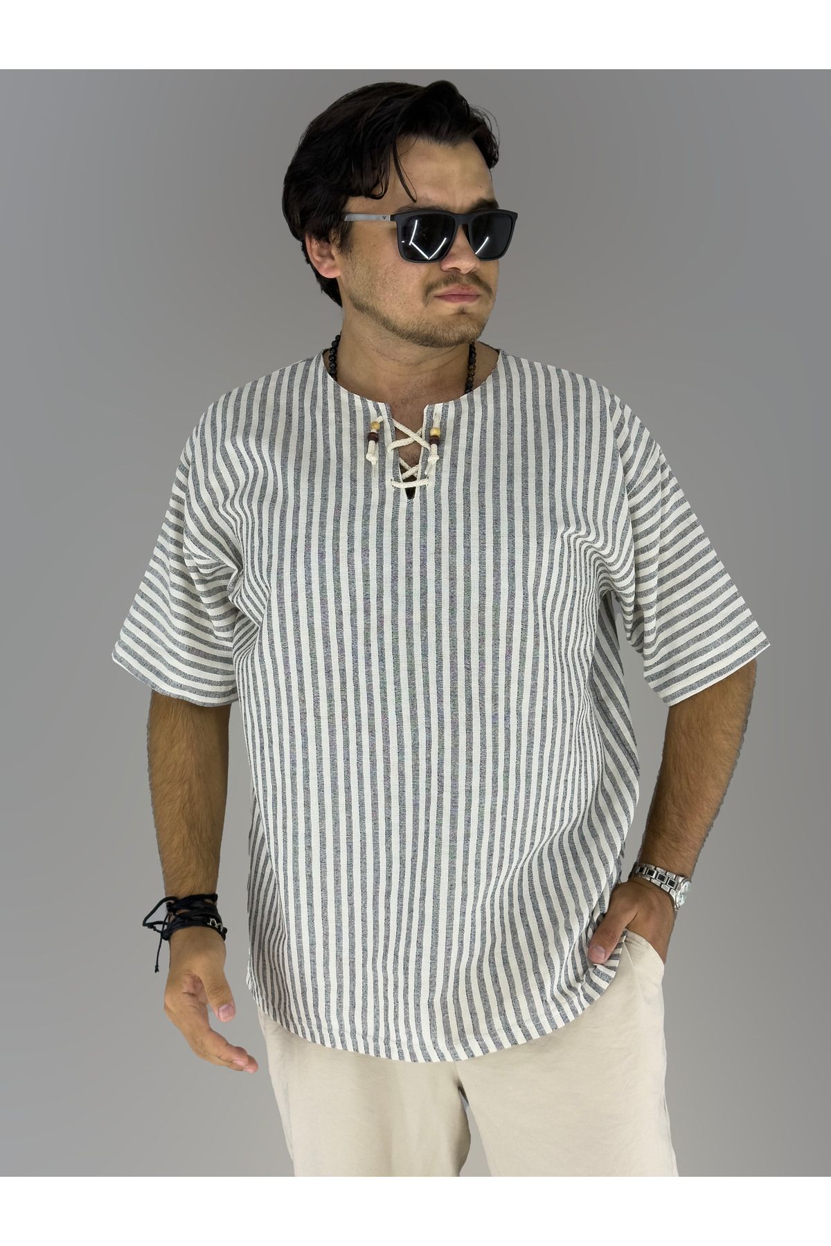 MARESHAL Pamuk Keten Armut Yaka Bağcık Detaylı T-shirt (SİYAH)