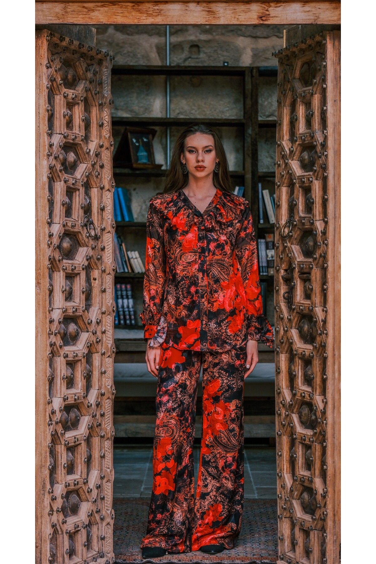 Esra Semiz KIRMIZI ŞİFON PANTOLON