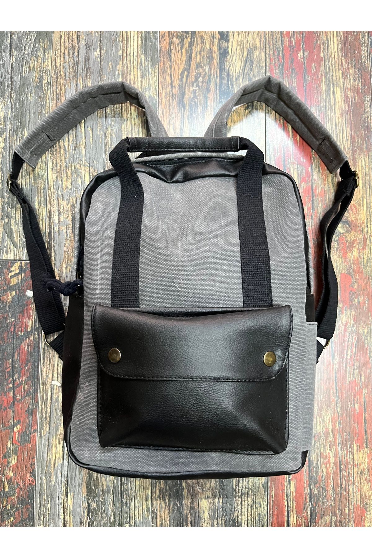 Street Bag Antrasit Modern Tasarım Kanvas Deri Su Geçirmez Cepli Taşıma Kollu Sırt Çantası