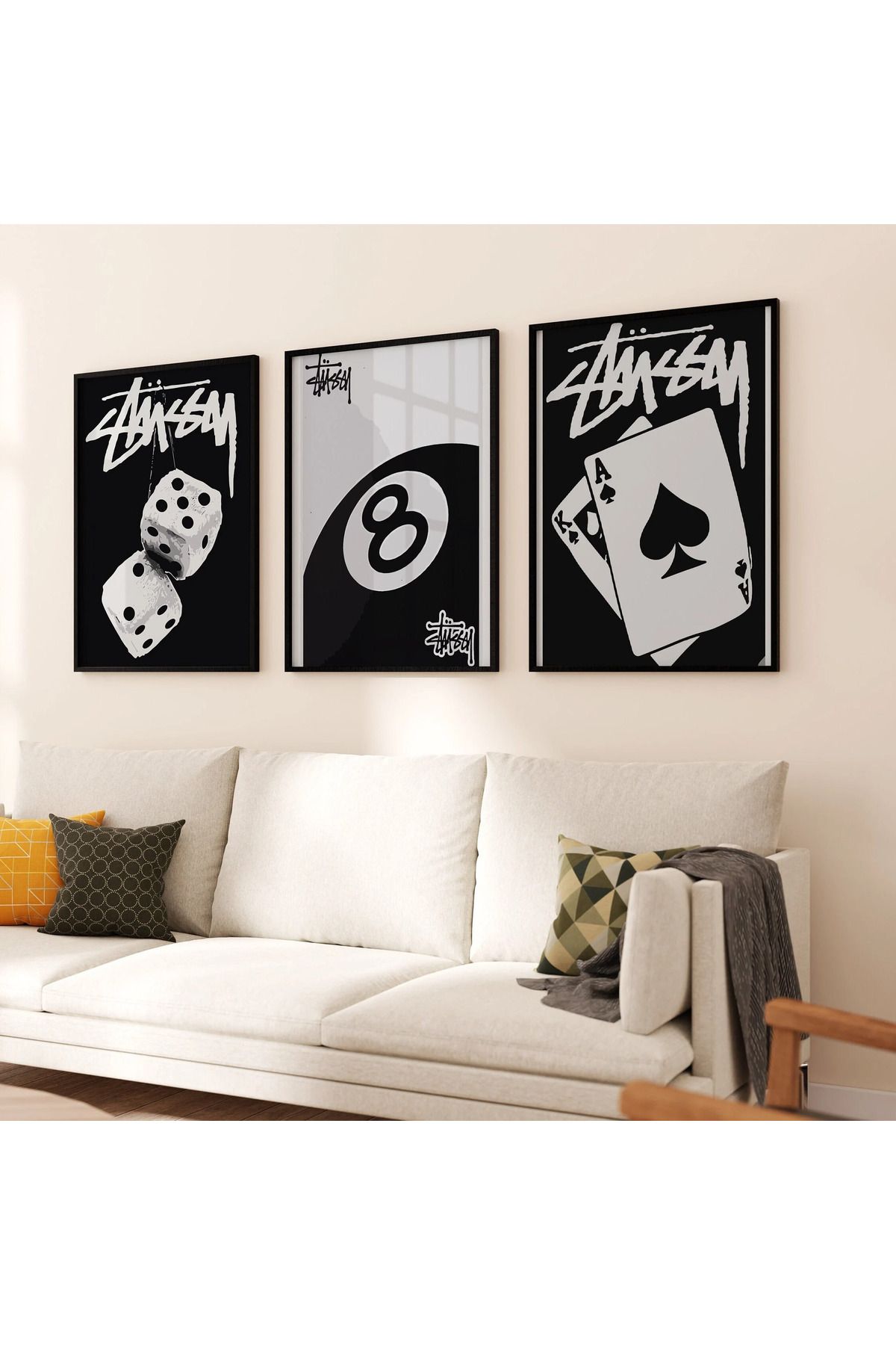 TABLOX 3 Parça Siyah Gerçek Ahșap Çerçeve Poster Tablo Seti Bilardo Poker Kart Zar Temalı