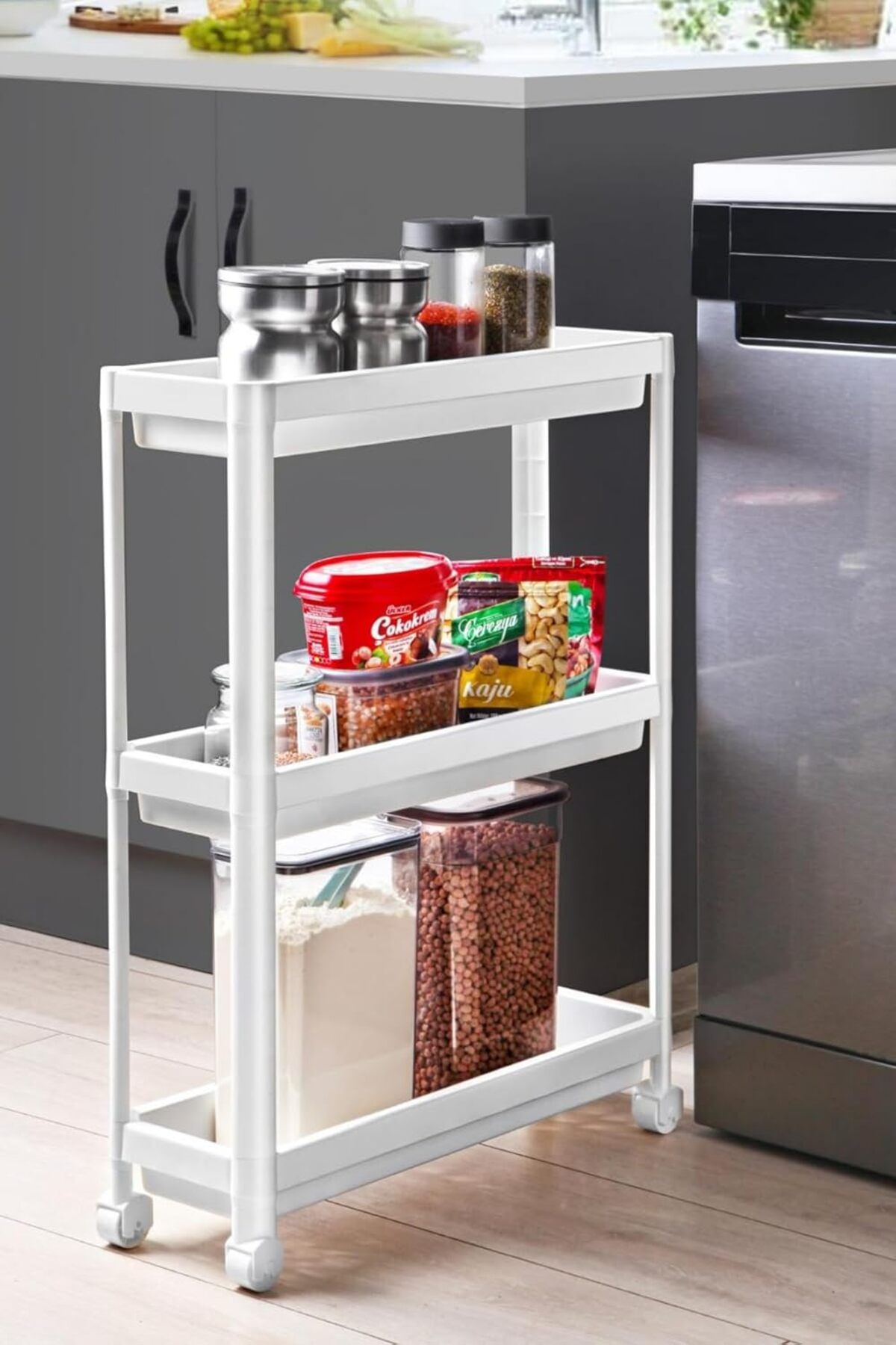 yenibagshop Life 3 Katlı Tekerlekli Slim İnce Beyaz Banyo Mutfak Rafı MIT1125