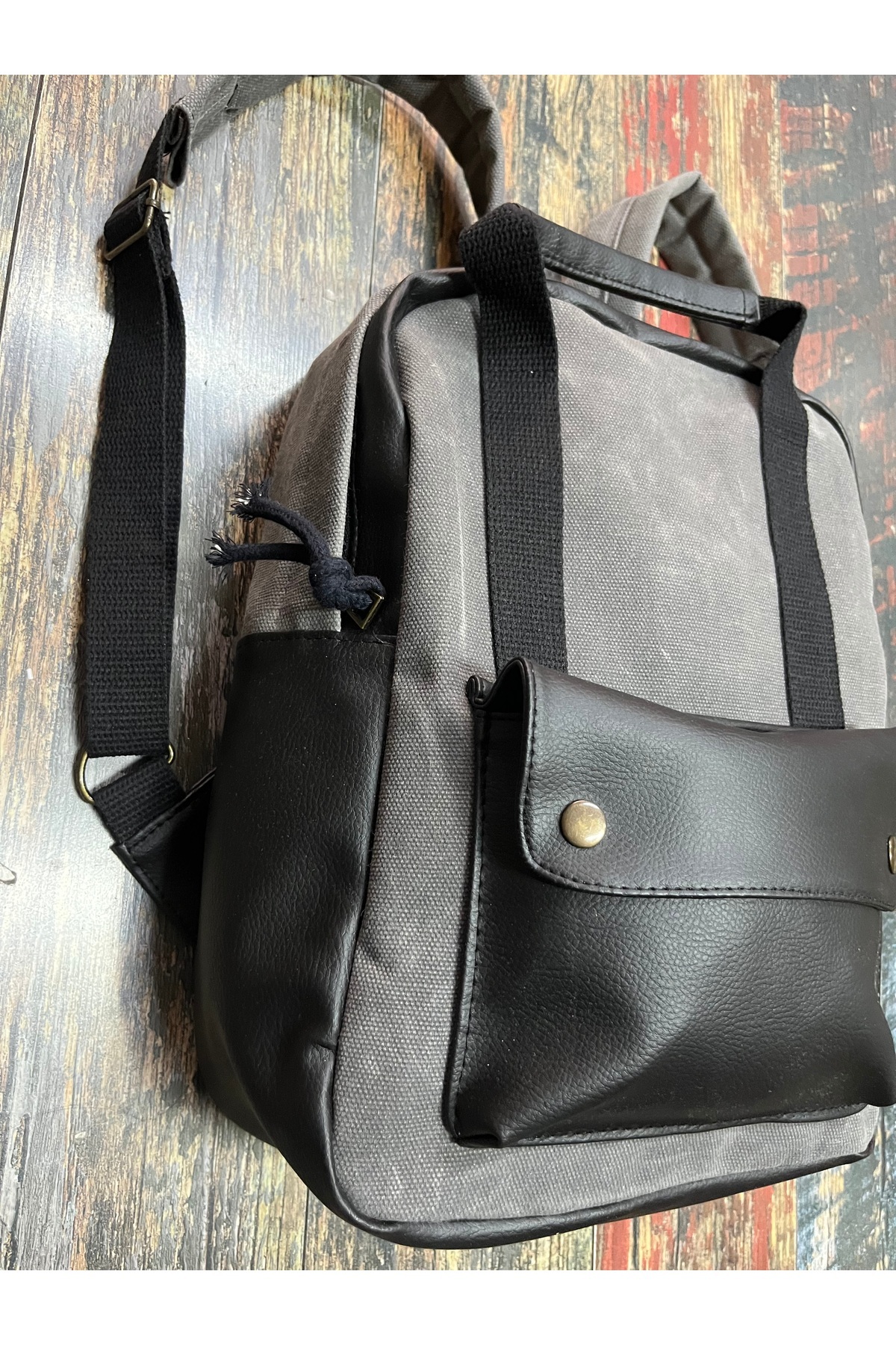 street&bagdnz Antrasit Modern Tasarım Kanvas Deri Su Geçirmez Cepli Taşıma Kollu Sırt Çantası fotoğrafı 2 (önizleme)