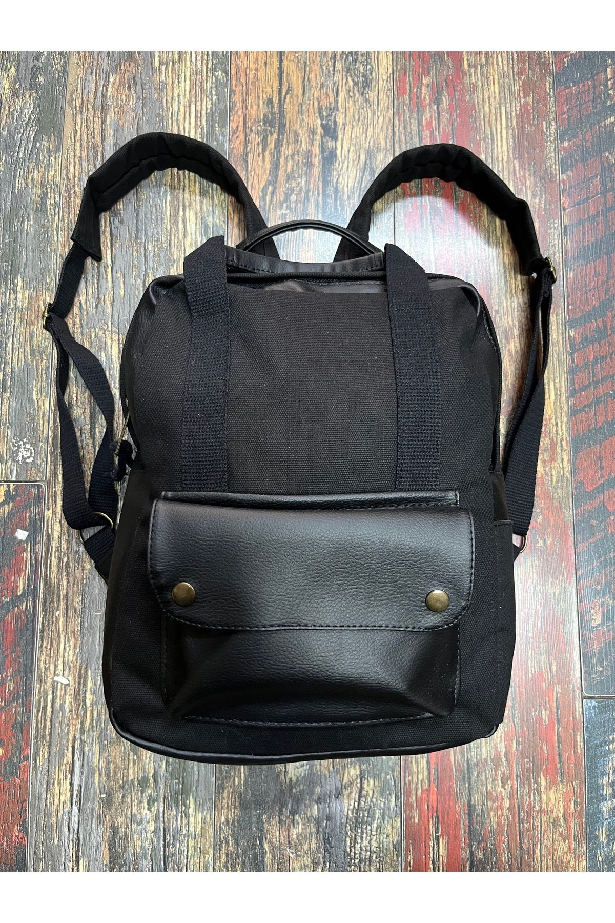 Street Bag Siyah Modern Tasarım Kanvas Deri Su Geçirmez Cepli Taşıma Kollu Sırt Çantası