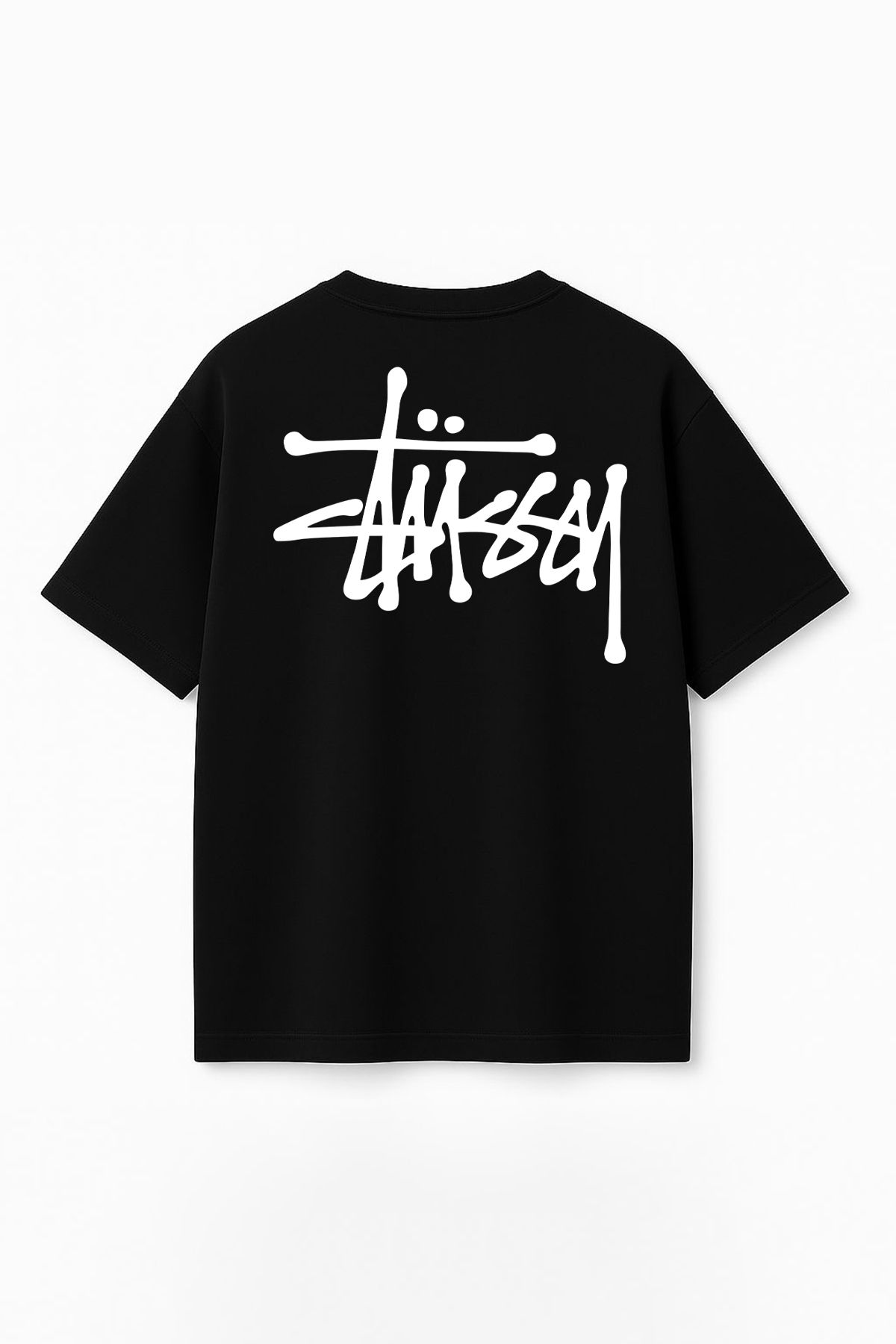 THE RULE Unisex Stüssy Yazı Baskılı Oversize %100 Pamuk Geniş Kesim Dokulu Bisiklet Yaka Siyah T-Shirt RF0523