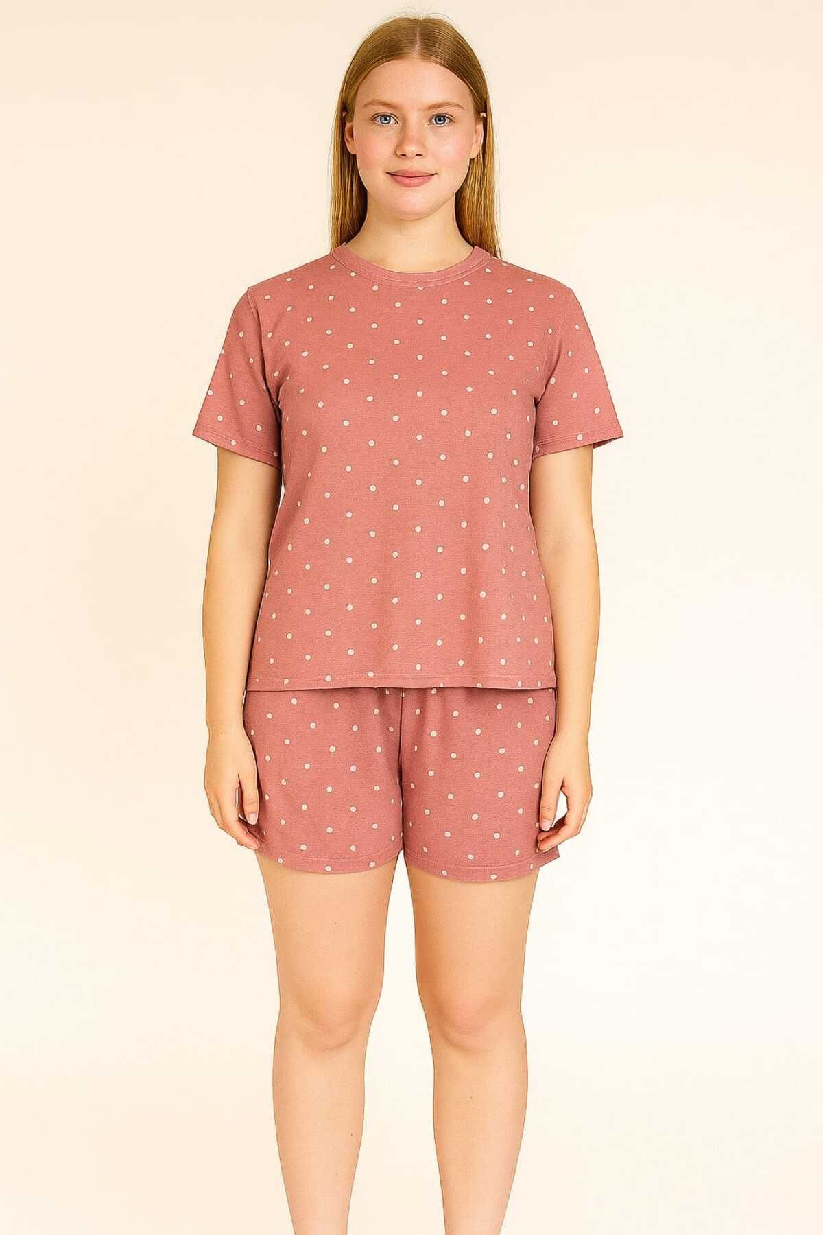 unbranded Pembe Puantiyeli Kısa Kollu Şortlu Pijama Takımı