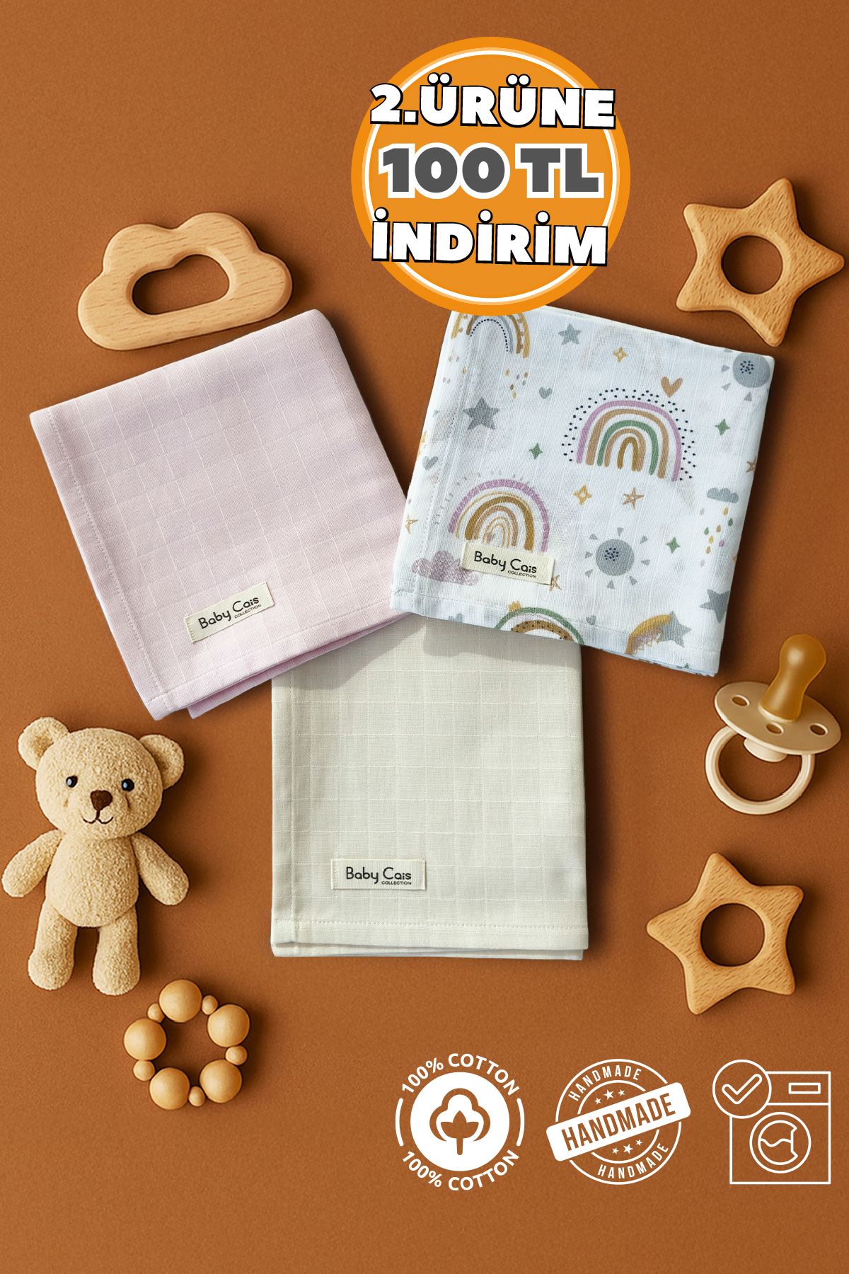 Baby Cais Collection Çok Amaçlı Müslin Örtü & Battaniye 3'lü Set %100 Pamuk Oeko-teks Sertifikalı