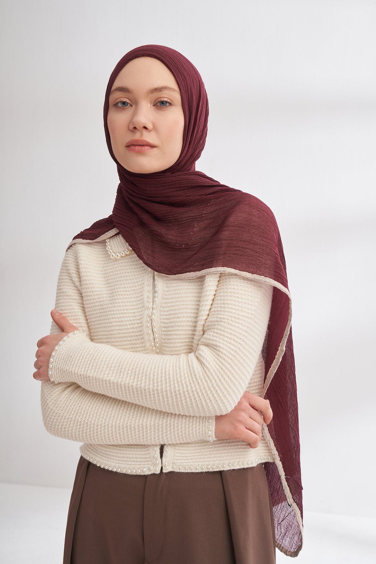 ARMANDA Biyeli Müslin Şal - Burgundy