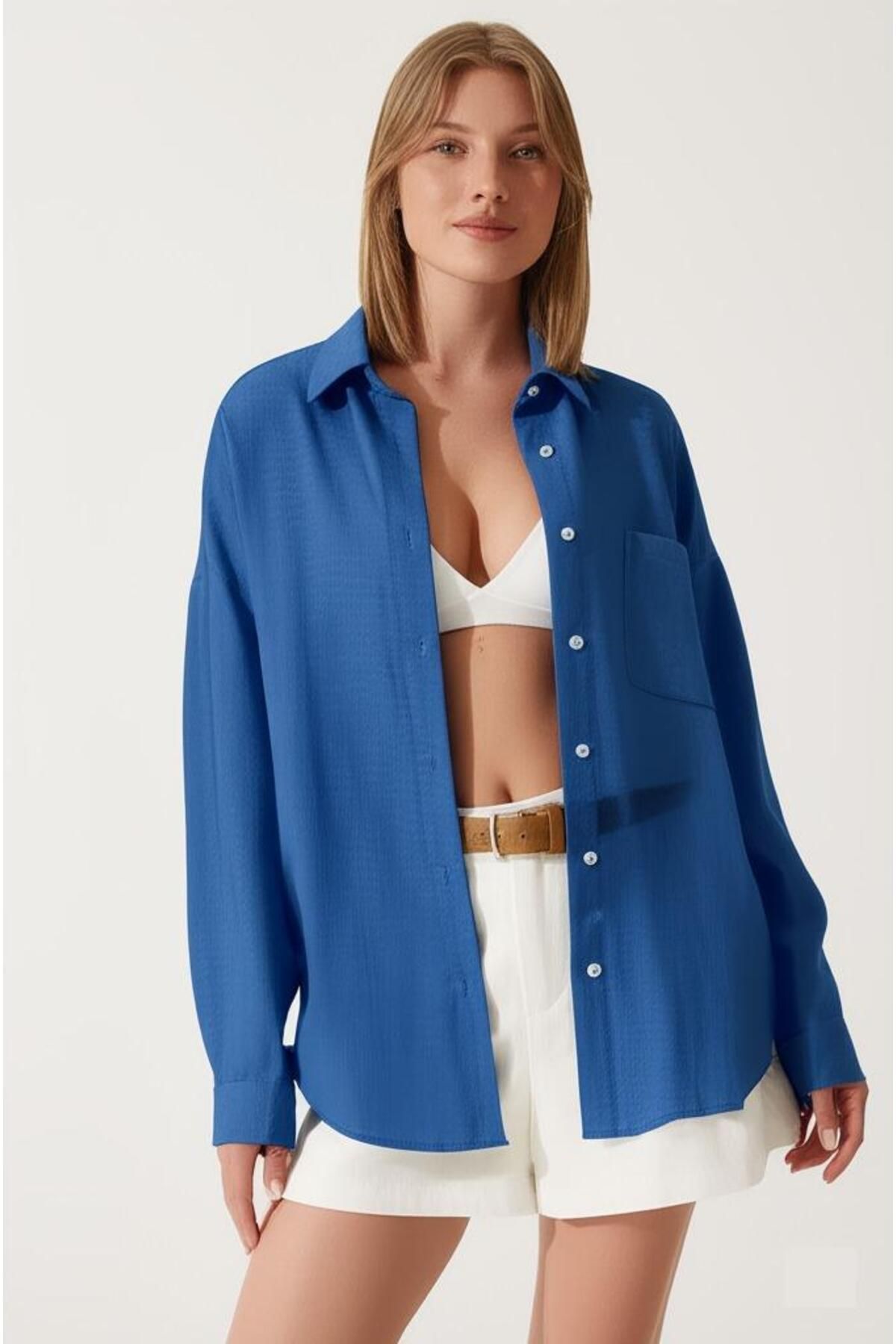 COMBİNE MİCHAİL Kadın Saks Mavi Oversize Keten Gömlek