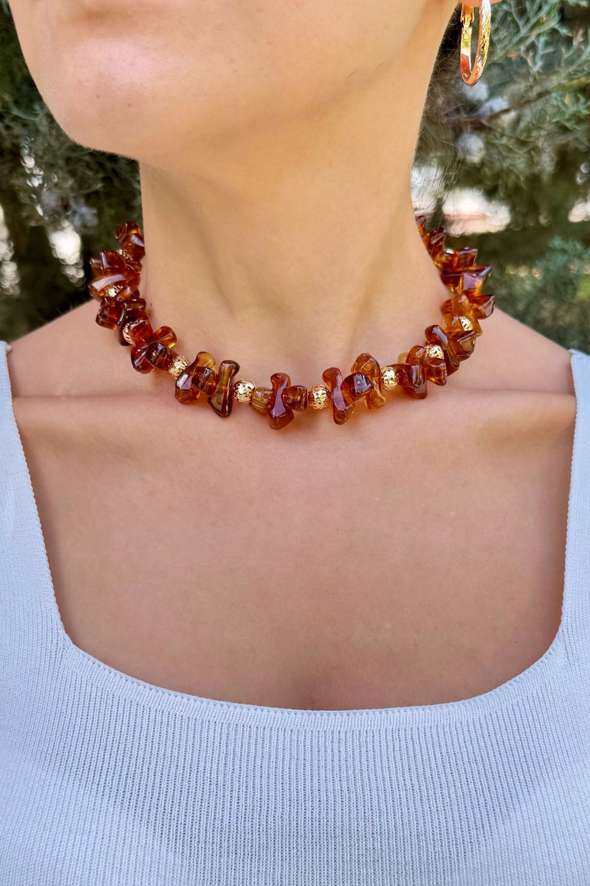 EST Aksesuar Amber Güneşi El Yapımı Kehribar Doğal Taş Kolye