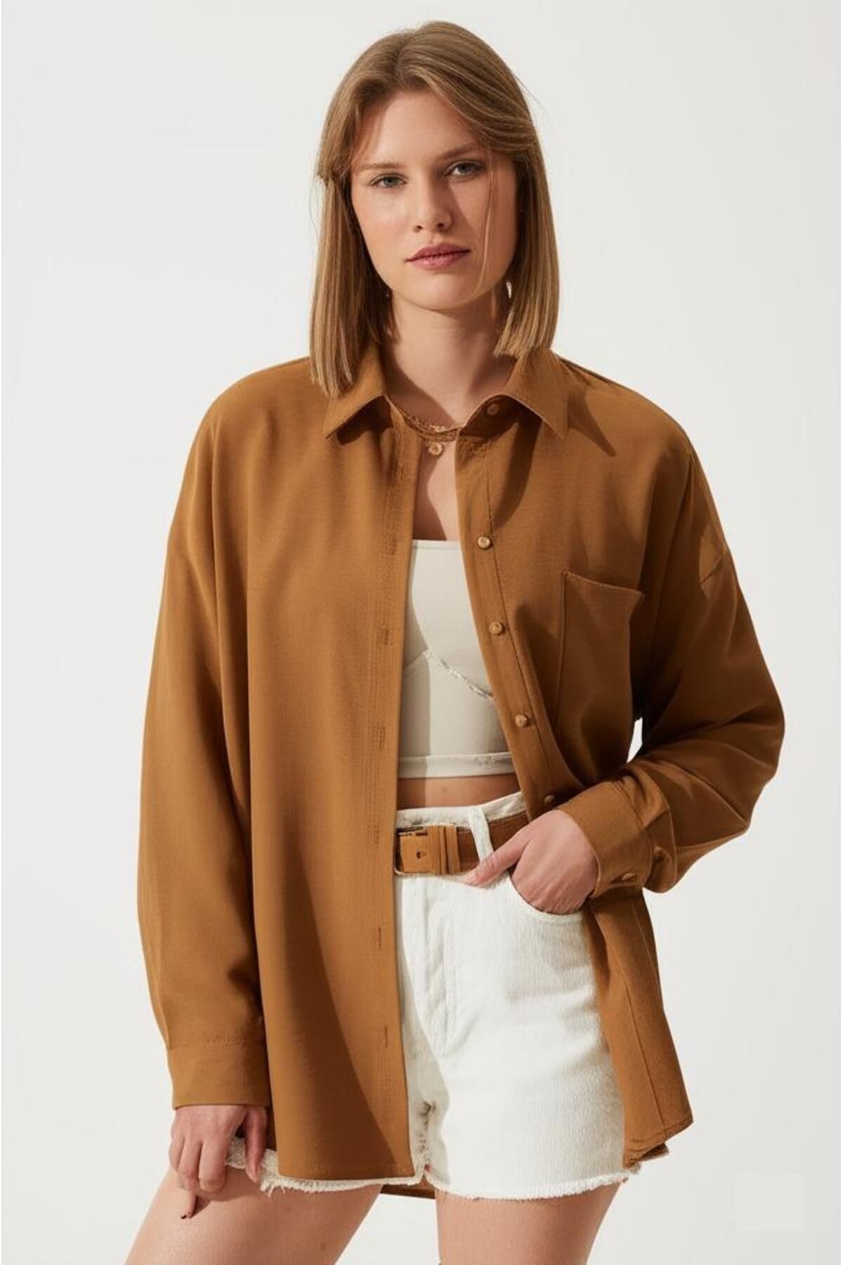 COMBİNE MİCHAİL Kadın Karamel Oversize Keten Gömlek