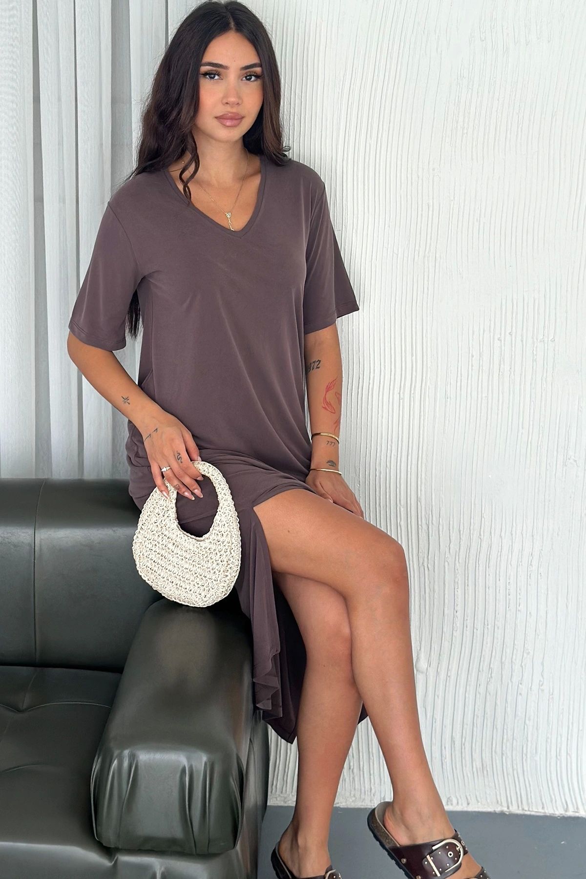 Meine Liebe Unterwäsche Modal Kumaş Kadın Midi Elbise – V Yaka, Günlük Yazlık Model