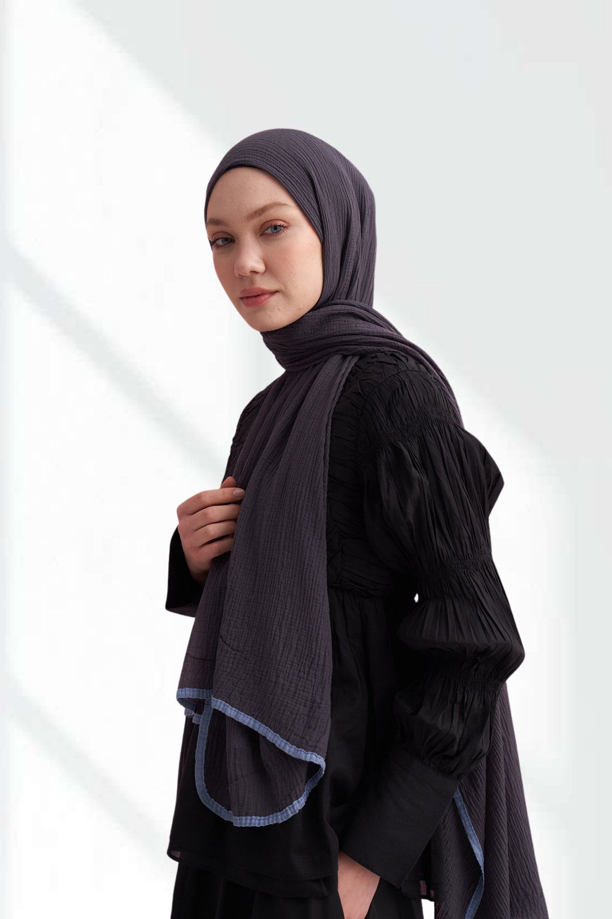 ARMANDA Biyeli Müslin Şal - Gri-Mavi