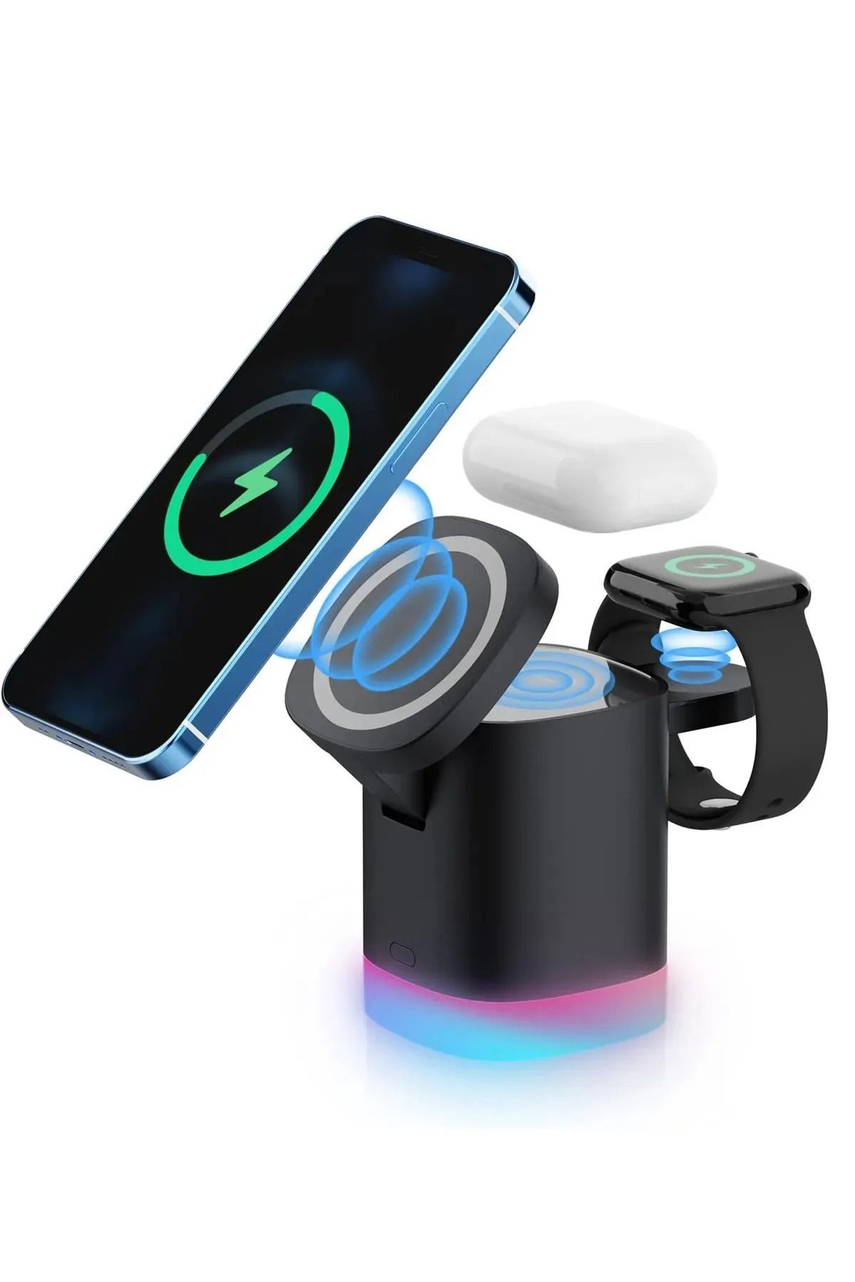 OBRAX 3in1 Magsafe Uyumlu 15w Rgb Kablosuz Şarj Standı Iphone Android Telefonlar, Apple Watch Saatler
